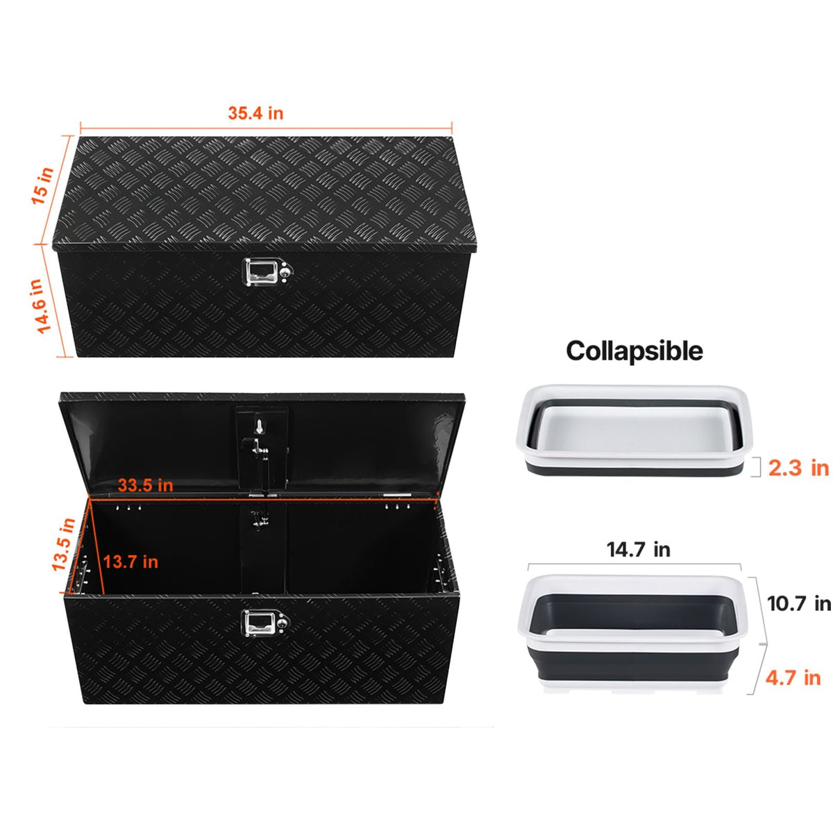 Heavy Duty Aluminum Truck Bed Tool Box, Stripes Plated Tool Box with Sliding Shelf, Side Handle, Lock & Keys, Storage Toolbox Chest for Trailer, Pickup, Truck Bed, RV, 35.4"x14.6"x14.6", Black
