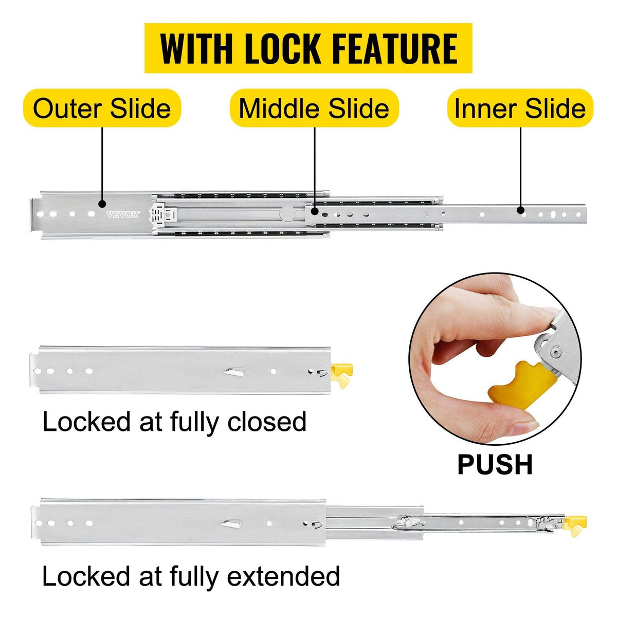 Heavy Duty Drawer Slides 24\" Length, Locking Drawer Slides 500lbs Load Capacity Long Full Extension Drawer Slide 1 Pair Side Mount Ball Bearing Drawer Glides Push to Open Drawer Runners Rail