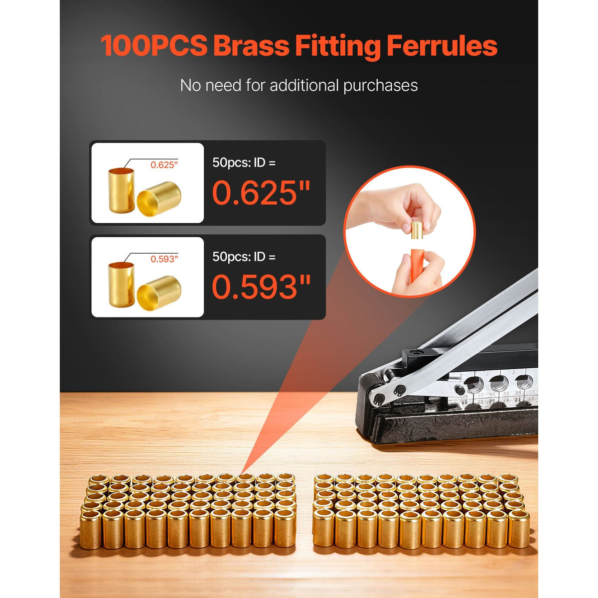 Heavy Duty Ferrule Hose Crimper, Standard Bench Hose Crimping Tool with 100pcs Ferrules (0.593" & 0.625" ID), 0.44"-0.63" Crimping Range for PVC, Rubber & Air Hoses, Torch Hoses Repair Kit