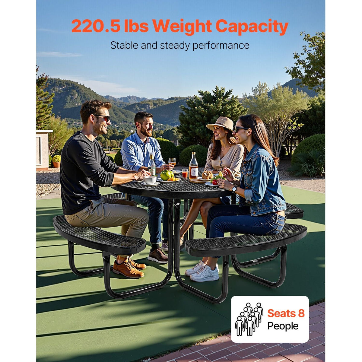 Heavy-Duty Picnic Table, Outdoor Furniture Weather Resistant Patio Dining Set, Coated Steel Tables with Umbrella Hole, 46" Round Table and Bench Set, for Garden, Backyard, Porch (Black)