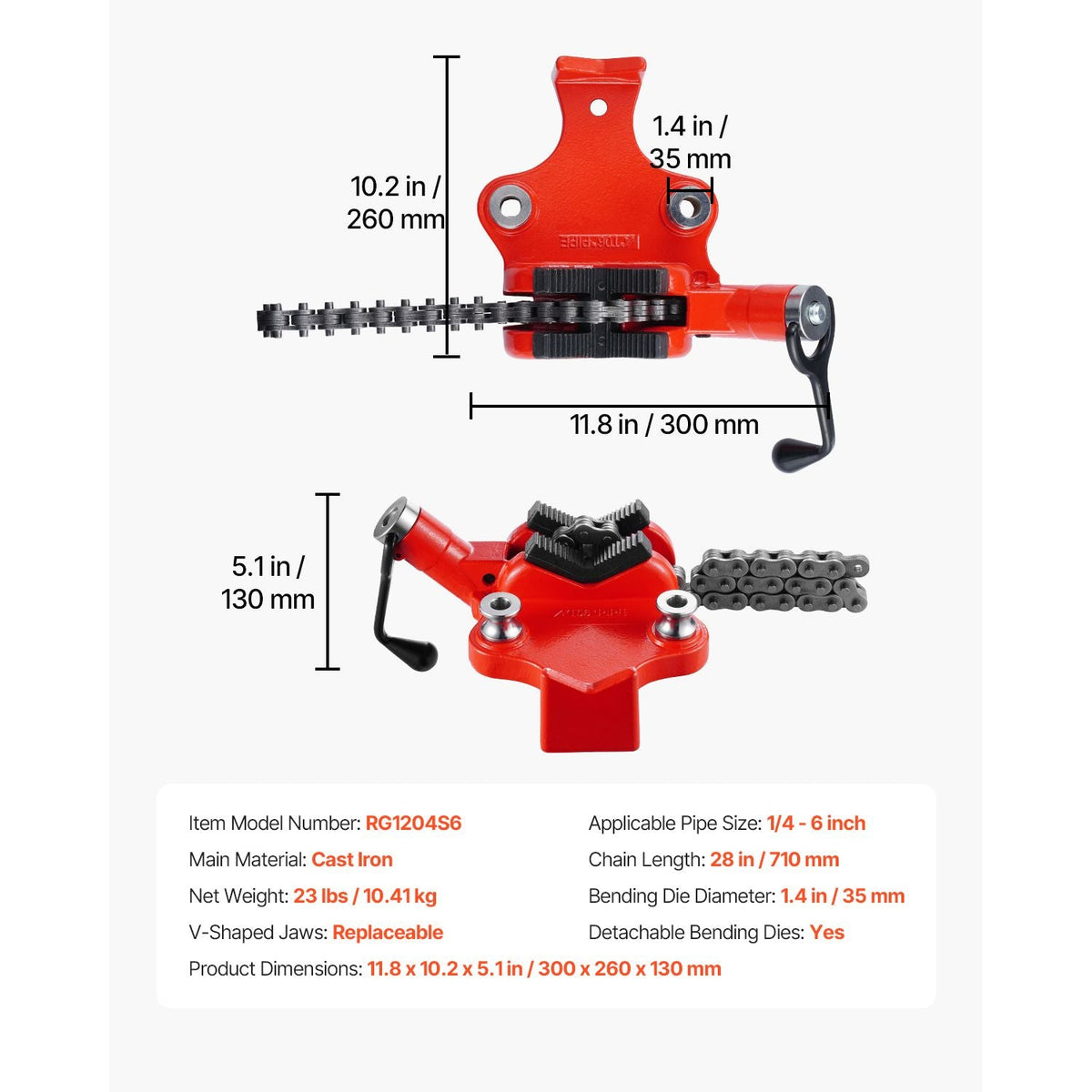 Heavy-Duty Pipe Chain Vise, 1/4" - 6" Pipe Capacity, 28" Rugged Chain & Cast Iron Base, Industrial-Grade Pipe Clamping for Plumbing, Automotive Repairs, Metalworking
