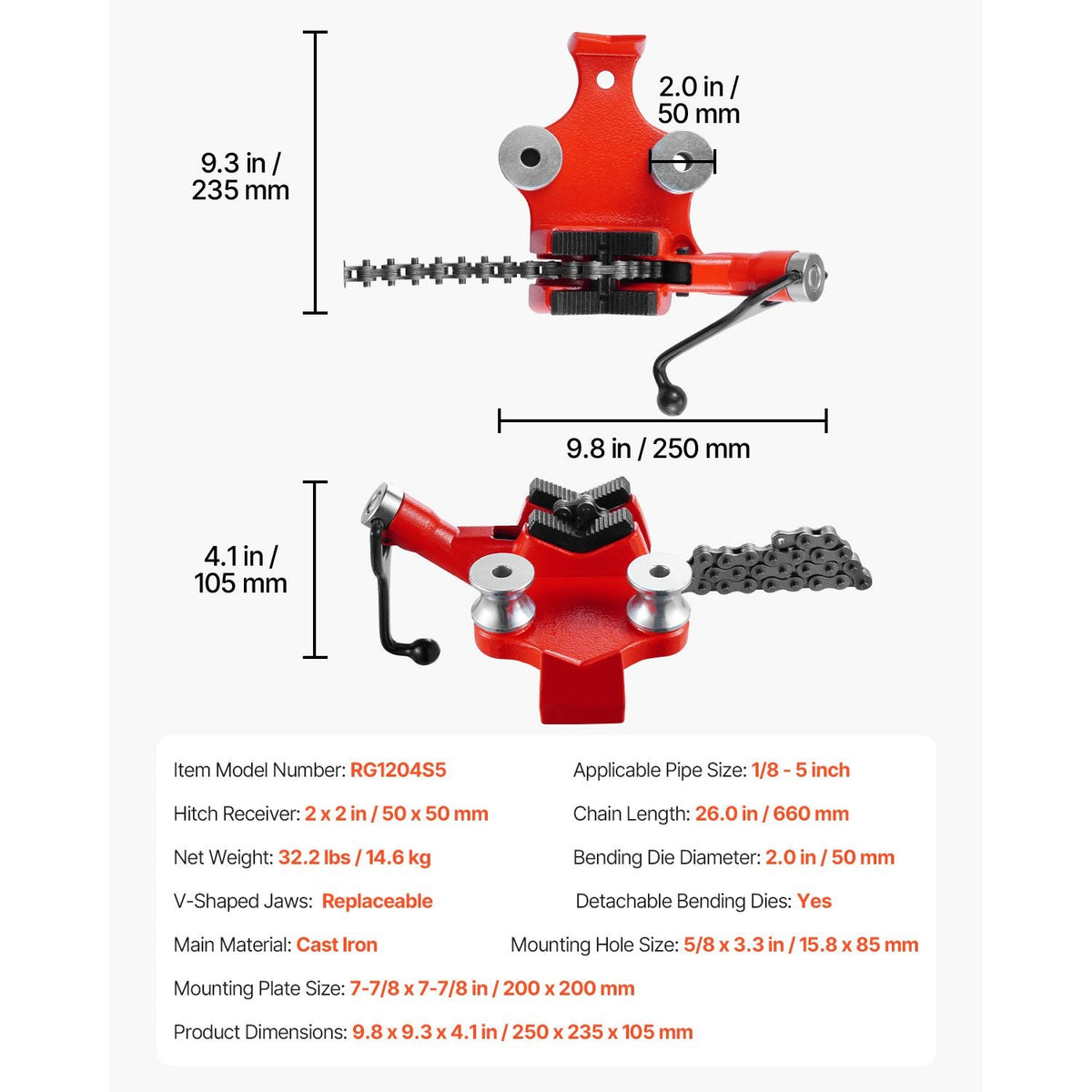 Heavy-Duty Pipe Chain Vise, 1/8" - 5" Pipe Capacity, 26" Rugged Chain & Cast Iron Base, Hitch Mount Vise Plate Holder With Adjustable Height - Fits 2 inch x 2 inch Receiver