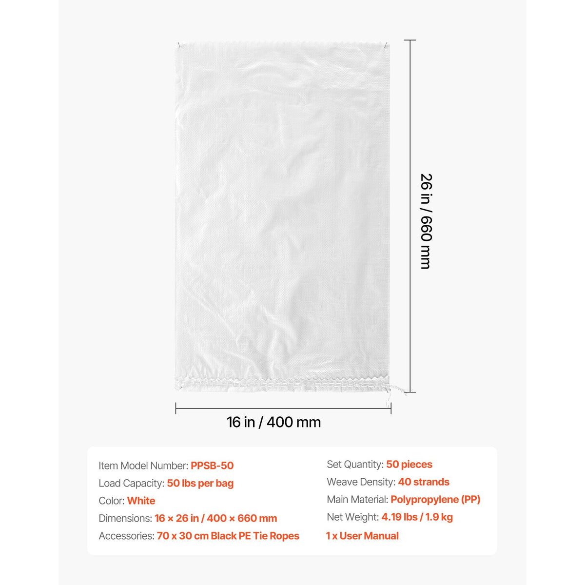 Heavy Duty Sand Bags, 50Pack 14" x 26", Empty Sandbags for Flooding with Tie Strings, Woven Polypropylene Sand Bag with 1600 Hours of UV Protection, 50Lbs Capacity