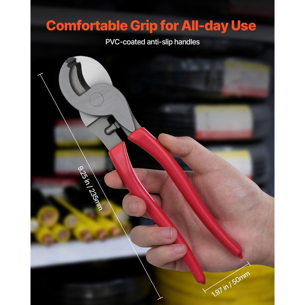 High Leverage Cable Cutter, 9-1/4 in Compact, Forged Blades and PVC-Coated Handles, Heavy Duty Cable Cutting Pliers Tool for 4/0 AWG Aluminum, 2/0 AWG Soft Copper and 100-Pair 24AWG Comm Cables