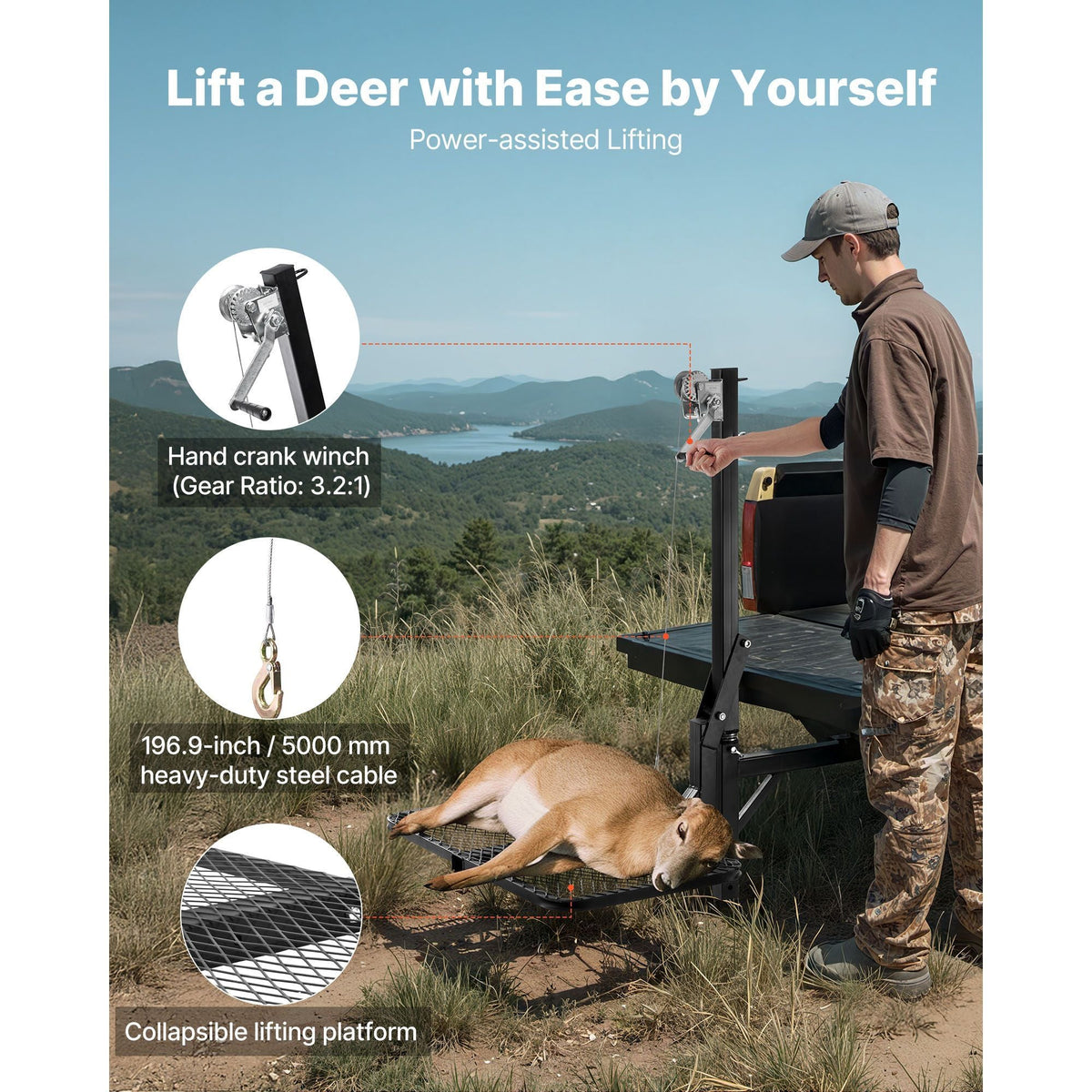 Hitch Deer Hoist with Lifting System Platform, 300 lbs Load Capacity, Game Hoist Winch Lift with 2-inch Receiver, 360-Degree Swivel Shaft & Foldable, Hitch-Mounted Deer Hanger for Moving Game