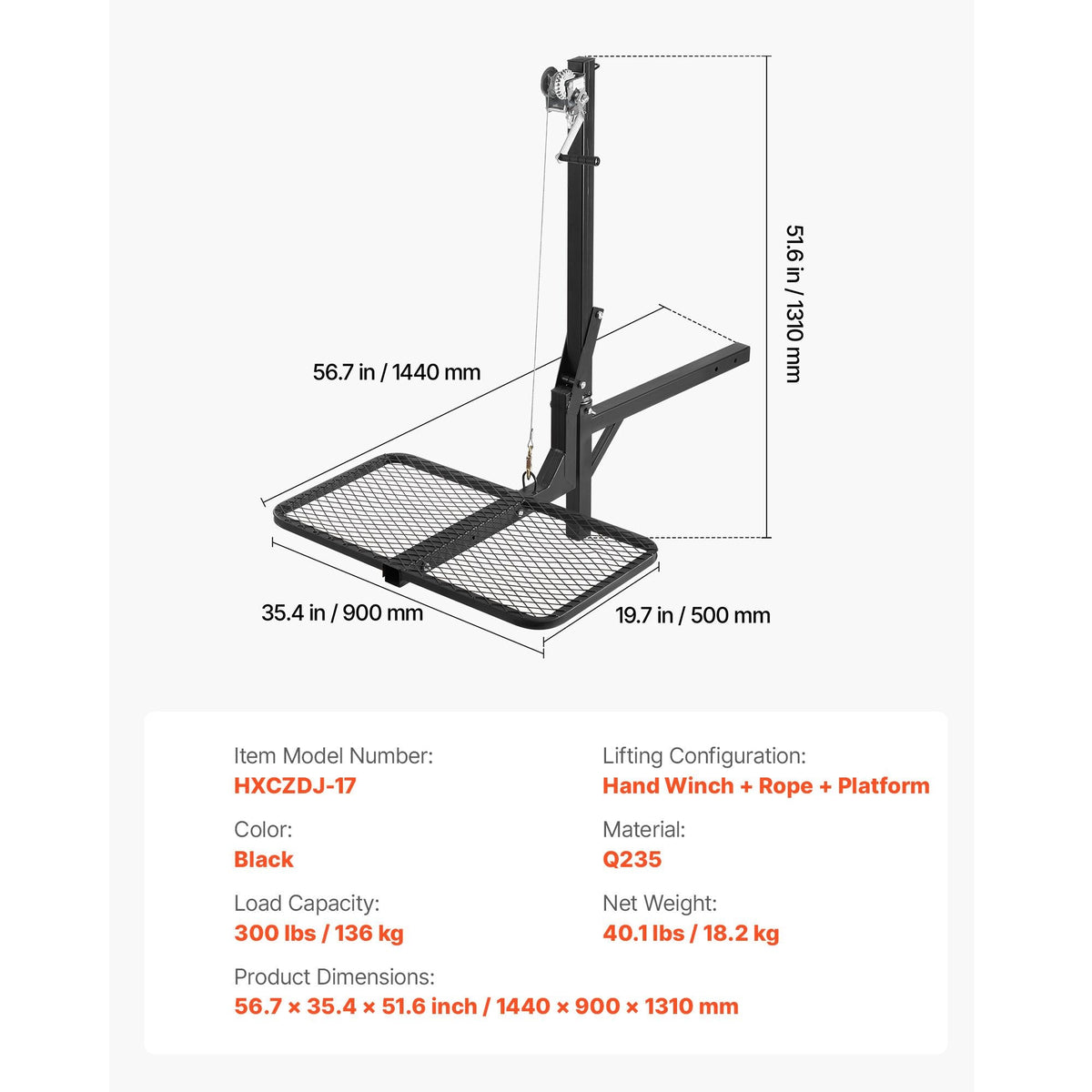 Hitch Deer Hoist with Lifting System Platform, 300 lbs Load Capacity, Game Hoist Winch Lift with 2-inch Receiver, 360-Degree Swivel Shaft & Foldable, Hitch-Mounted Deer Hanger for Moving Game