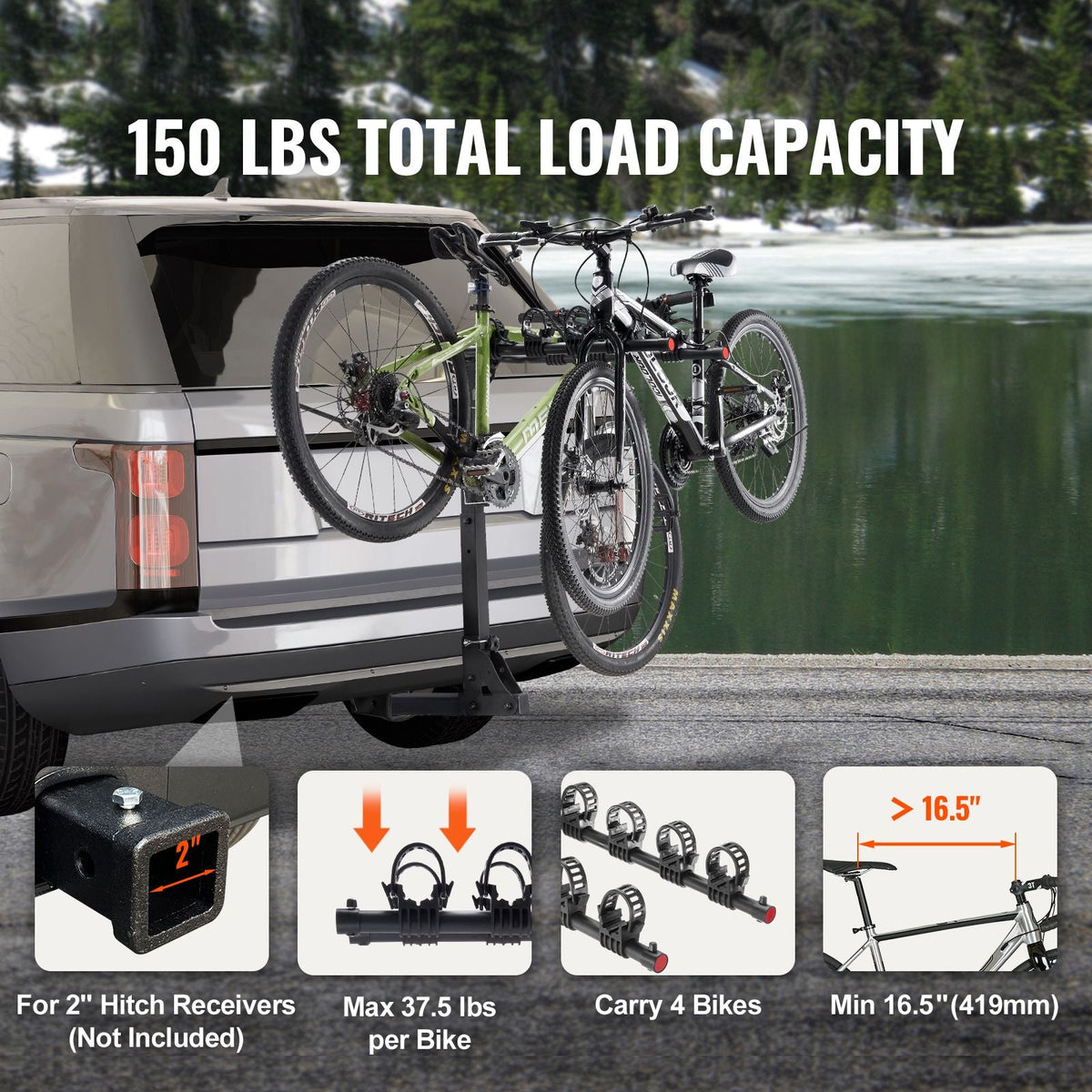 Hitch Mount Bike Rack, 4-Bike Carrier Rack, 150 LBS Capacity Bike Rack Hitch for 2-inch Receiver, Titling and Folding Bike Carrier with No-Wobble U Bolt and Strap, for Car, SUV, Truck, RV