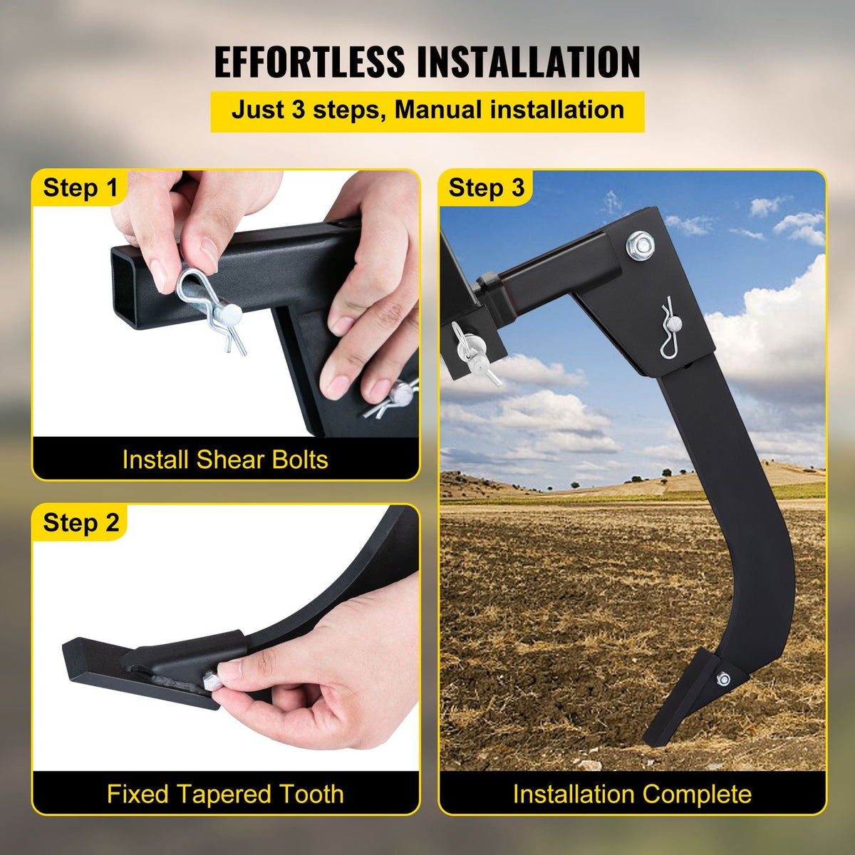 Hitch Mounted Ripper, 18\" Shank Length Box Scraper Shank, 4 Hole Site Box Blade for Tractor, 2 Locating Pins Ripper Shank, 2 Plough Tips Box Blade Shank Teeth