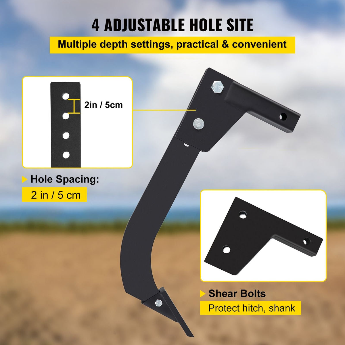 Hitch Mounted Ripper, 18\" Shank Length Box Scraper Shank, 4 Hole Site Box Blade for Tractor, 2 Locating Pins Ripper Shank, 2 Plough Tips Box Blade Shank Teeth