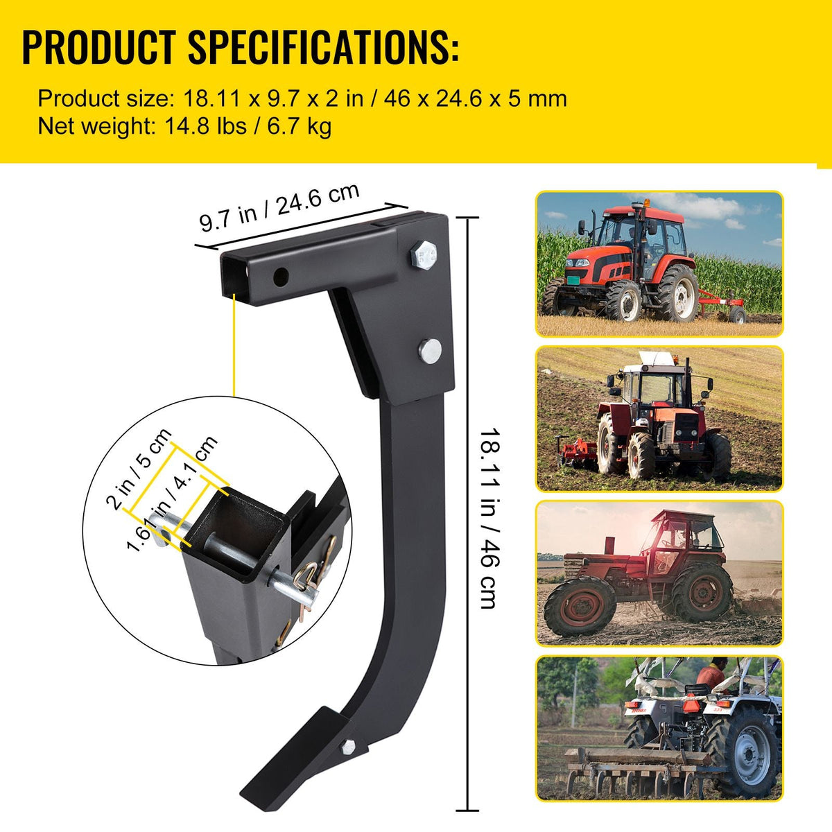 Hitch Mounted Ripper, 18\" Shank Length Box Scraper Shank, 4 Hole Site Box Blade for Tractor, 2 Locating Pins Ripper Shank, 2 Plough Tips Box Blade Shank Teeth