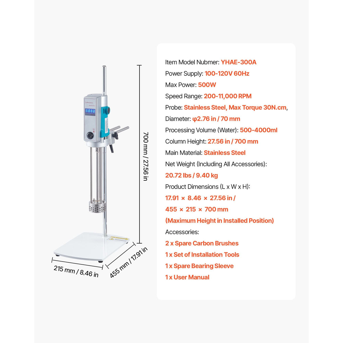 Homogenizer, 500 W Laboratory High Speed Dispersing Homogenizer, 200-11000 RPM High Shear Lab Mixer Emulsification Machine, Digital Display Blender, Stainless Steel, for Cosmetics/Food Industry