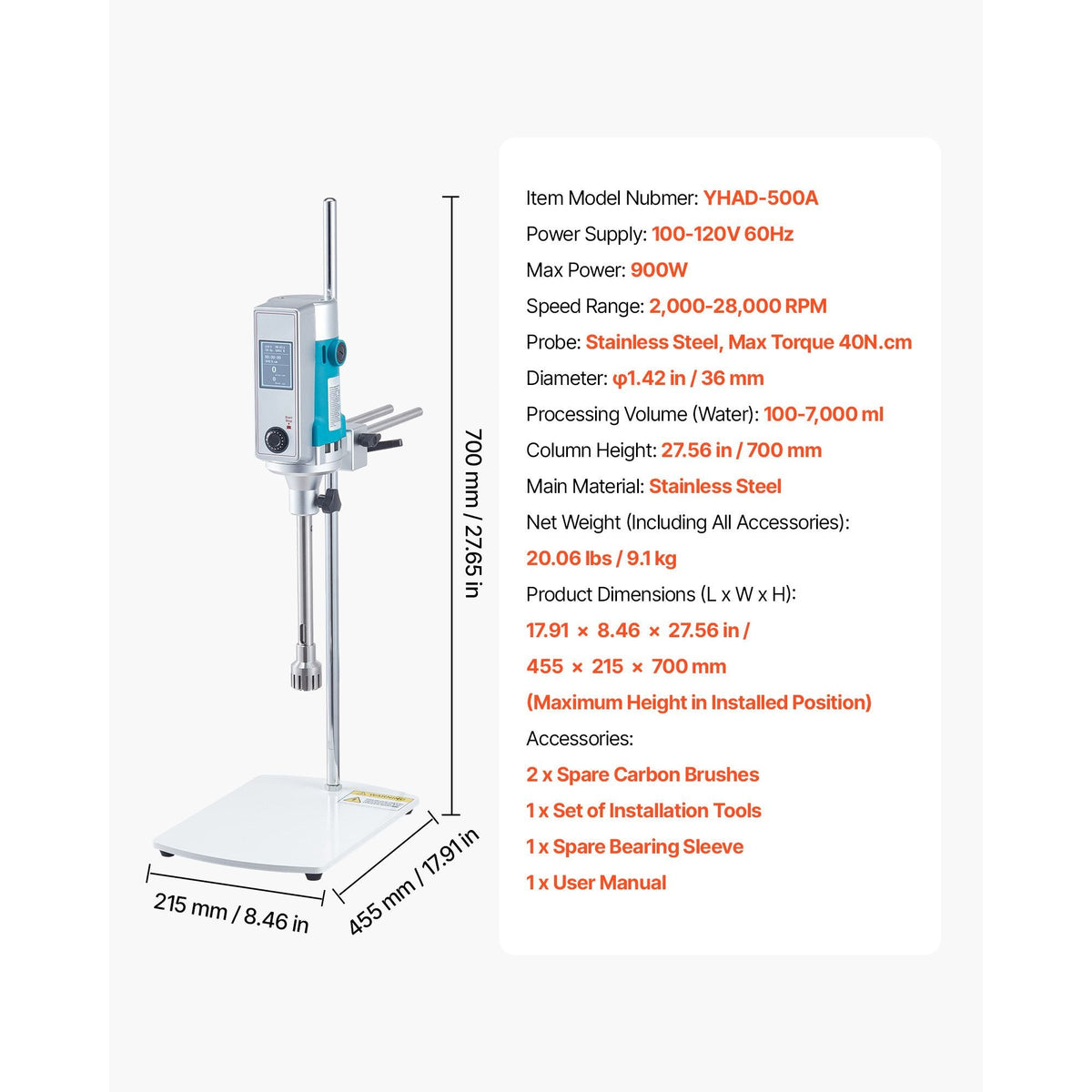 Homogenizer, 900 W Laboratory High Speed Dispersing Homogenizer, 2000-28000RPM High Shear Lab Mixer Emulsification Machine, Digital Display Blender, Stainless Steel, for Cosmetics/Food Industry