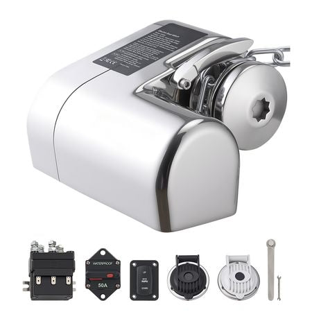 Horizontal Fishing Windlass, 12V DC 600W, Windlass Anchor Systems Fit for 1/4-Inch Chain or 9/16 & 5/8 Inch Nylon Rope, Max Pull 573 lbs, 316 Stainless Steel Construction, for Boats 23-29.5 ft