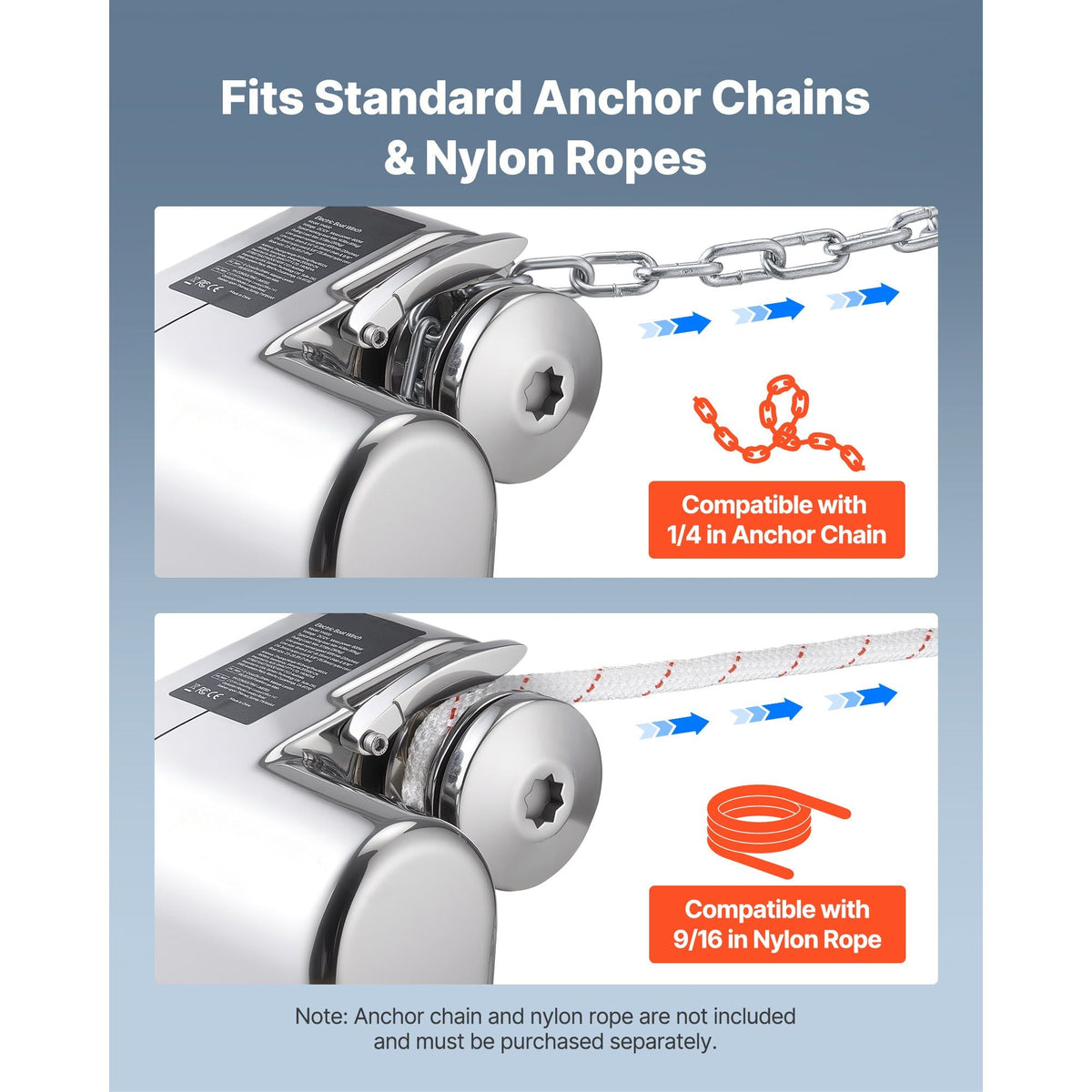 Horizontal Fishing Windlass, 12V DC 600W, Windlass Anchor Systems Fit for 1/4-Inch Chain or 9/16 & 5/8 Inch Nylon Rope, Max Pull 573 lbs, 316 Stainless Steel Construction, for Boats 23-29.5 ft