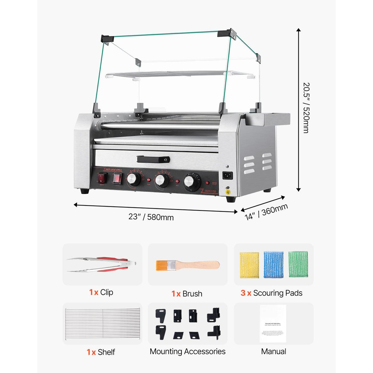 Hot Dog Roller, 18 Hot Dog 7 Rollers, Stainless Steel Sausage Grill Cooker, 1200W Hot Dog Machine with Bun Warmer, Cover, 3 Temp Control, Side Storage Box, Oil Drip Tray, for Home & Commercial