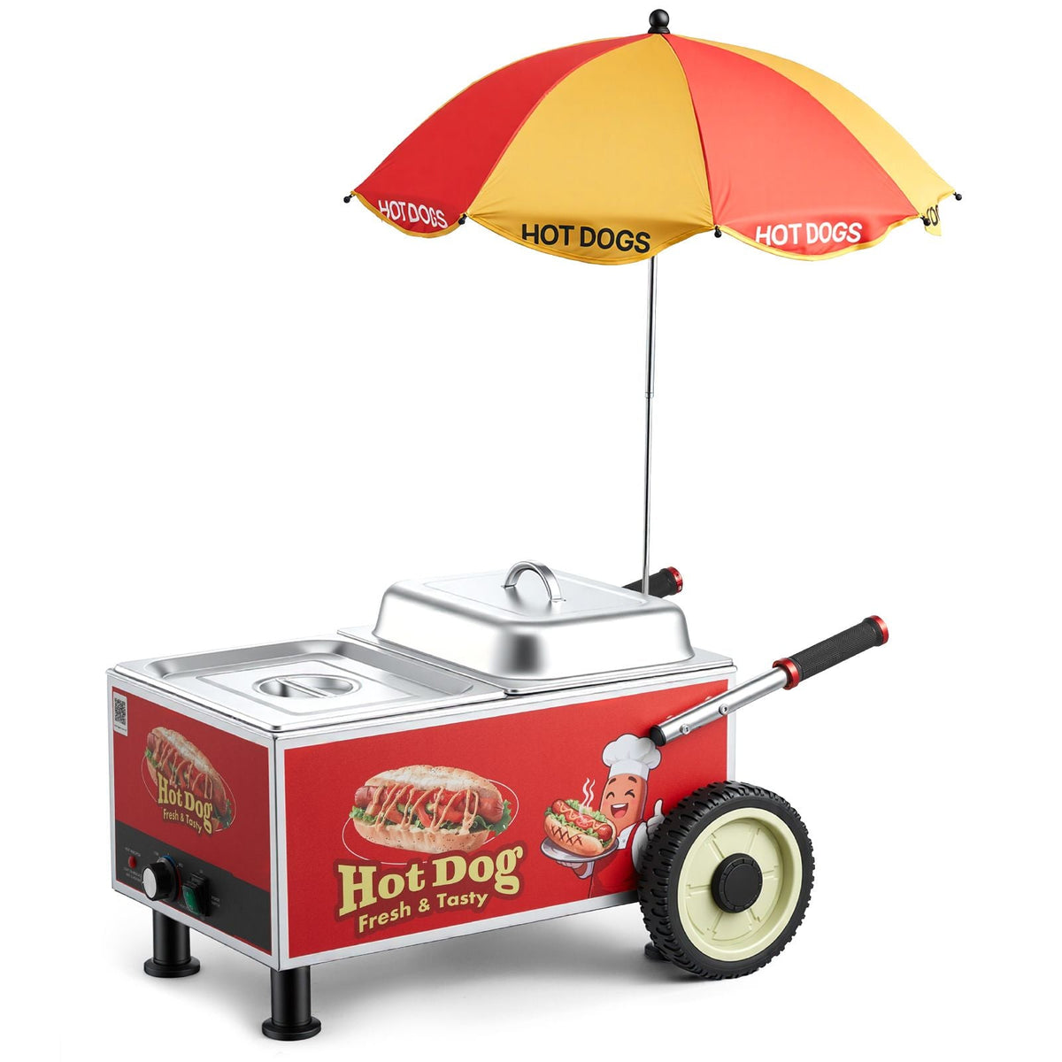 Hot Dog Steamer Cart, 1200W Electric Stainless Steel Hot Dog Steam Machine, 86-203°F Temp Adjustable, Portable Cart with Eye-Catching Umbrella & Wheels, for Bakeries, Food Stands, Parties
