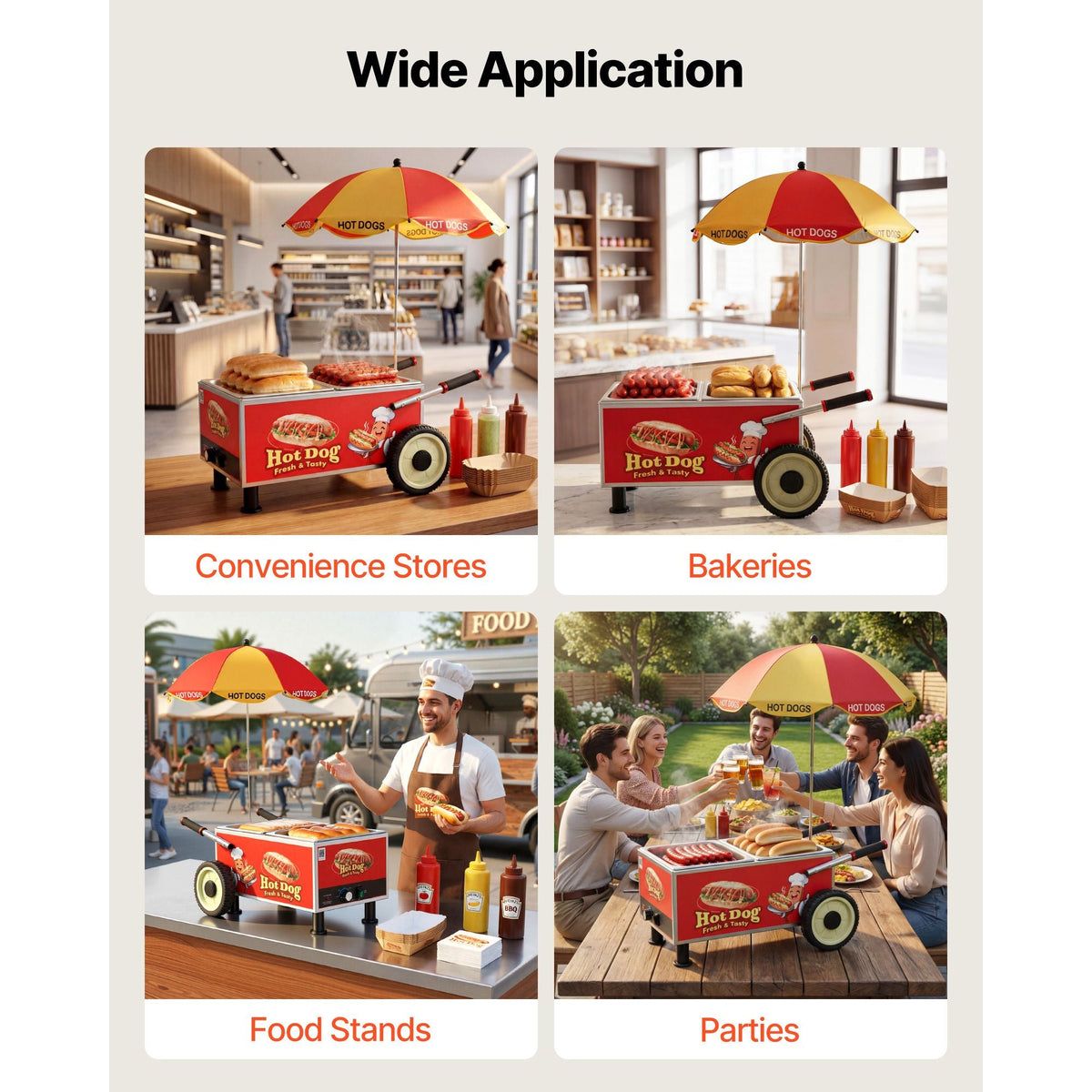 Hot Dog Steamer Cart, 1200W Electric Stainless Steel Hot Dog Steam Machine, 86-203°F Temp Adjustable, Portable Cart with Eye-Catching Umbrella & Wheels, for Bakeries, Food Stands, Parties