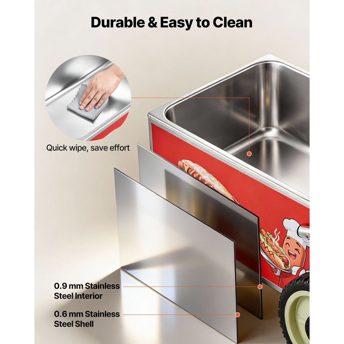 Hot Dog Steamer Cart, 1200W Electric Stainless Steel Hot Dog Steam Machine, 86-203°F Temp Adjustable, Portable Cart with Eye-Catching Umbrella & Wheels, for Bakeries, Food Stands, Parties