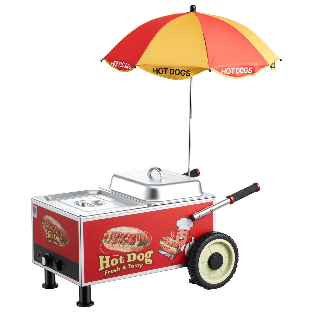 Hot Dog Steamer Cart, 1200W Electric Stainless Steel Hot Dog Steam Machine, 86-203°F Temp Adjustable, Portable Cart with Eye-Catching Umbrella & Wheels, for Bakeries, Food Stands, Parties