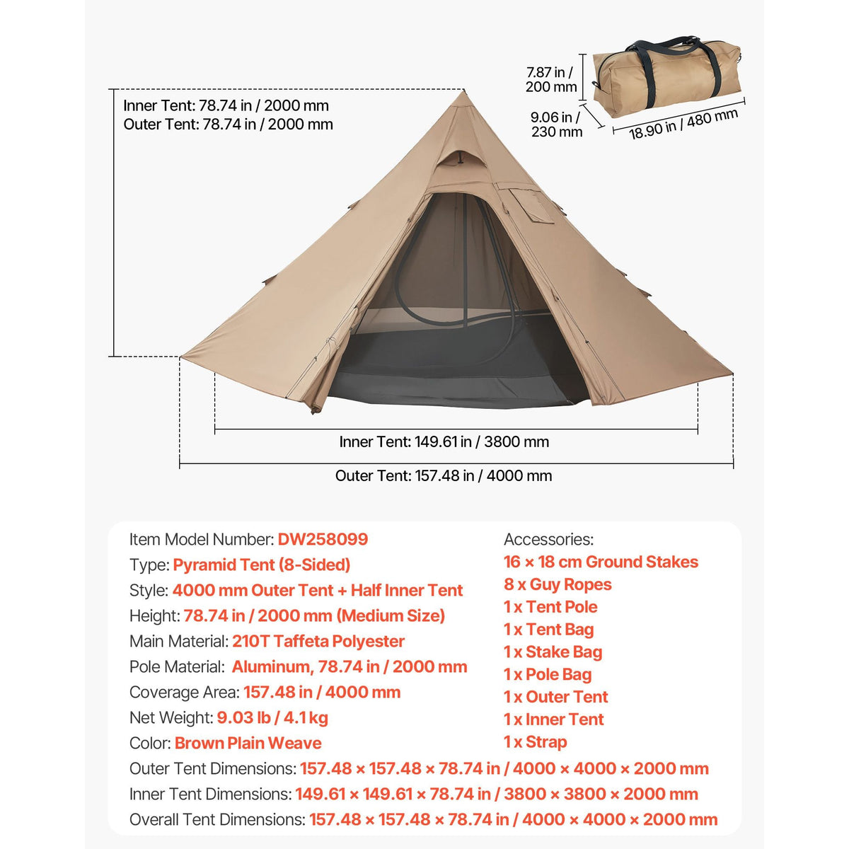 Hot Tent for 4 Persons, Camping Tipi Hot Tents with Stove Jack & Inner Tent, Portable Winter Camping Tents with Snow Skirt, Easy Setup, Waterproof 4 Season Shelter Tents for Fishing Backpacking