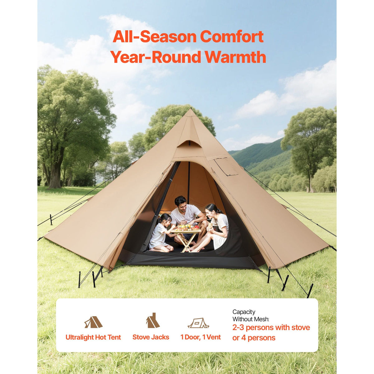 Hot Tent for 4 Persons, Camping Tipi Hot Tents with Stove Jack & Inner Tent, Portable Winter Camping Tents with Snow Skirt, Easy Setup, Waterproof 4 Season Shelter Tents for Fishing Backpacking