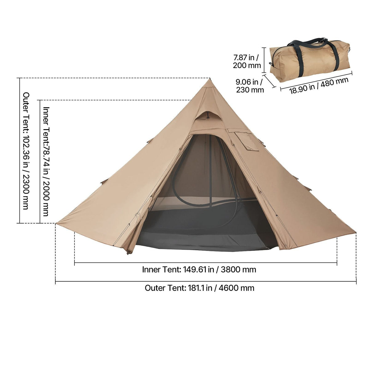 Hot Tent for 4 Persons, Camping Tipi Hot Tents with Stove Jack & Inner Tent, Portable Winter Camping Tents with Snow Skirt, Easy Setup, Waterproof 4 Season Shelter Tents for Fishing Backpacking