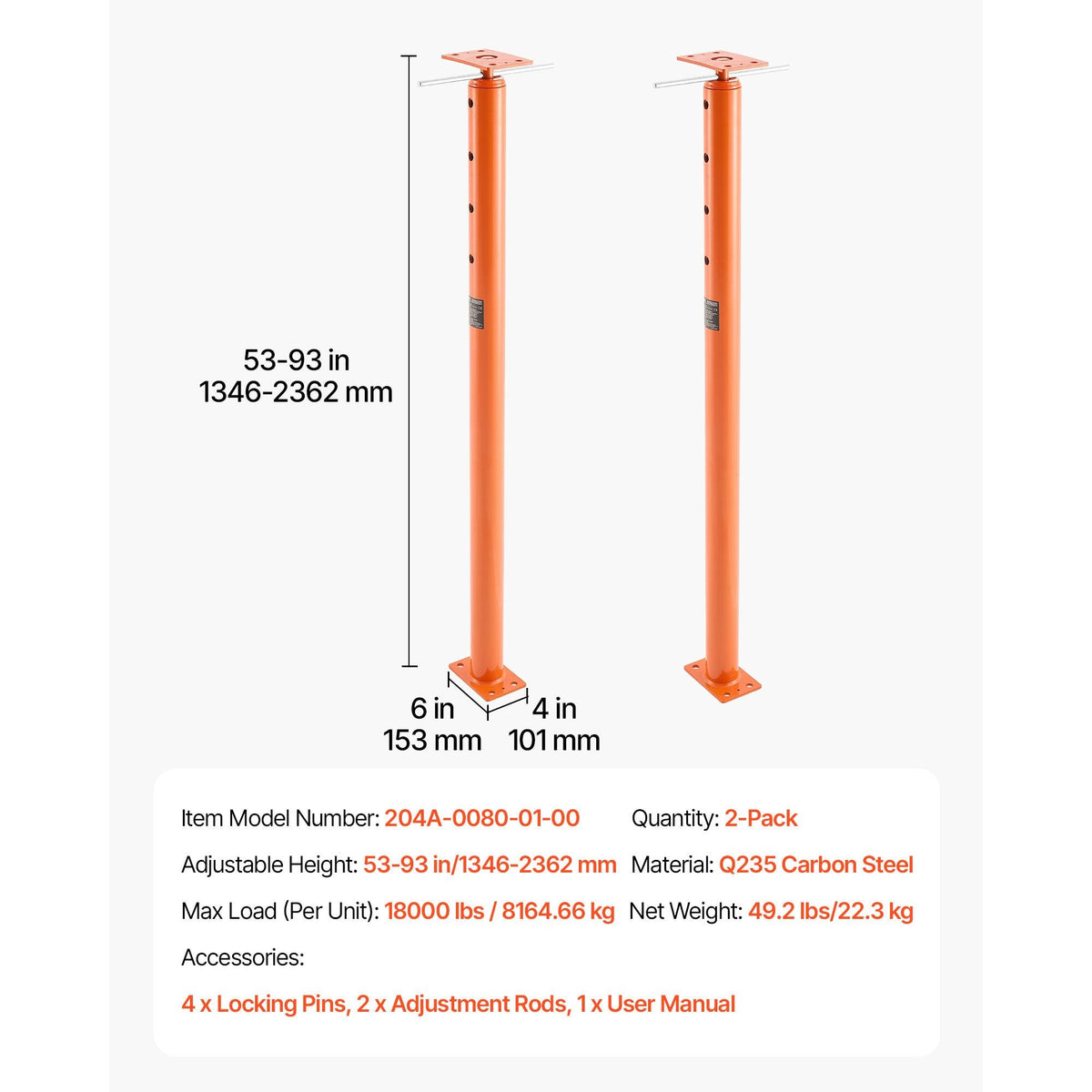 House Floor Jacks, 2 Pack 53-93 Inch Height Range, 18000 lbs Max Load Capacity, Adjustable Support Beam Basement Jack Post Pole for Leveling, Lift Steel Telescoping Post for Temporary Support