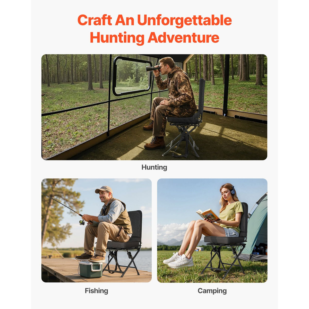 Hunting Chair, 360° Silent Swivel, Foldable Lightweight Portable Blind Chair, Heavy-Duty Steel Frame Ground Stool Seat, with Adjustable Shoulder Strap, 300 Lbs Capacity for Fishing, Camping