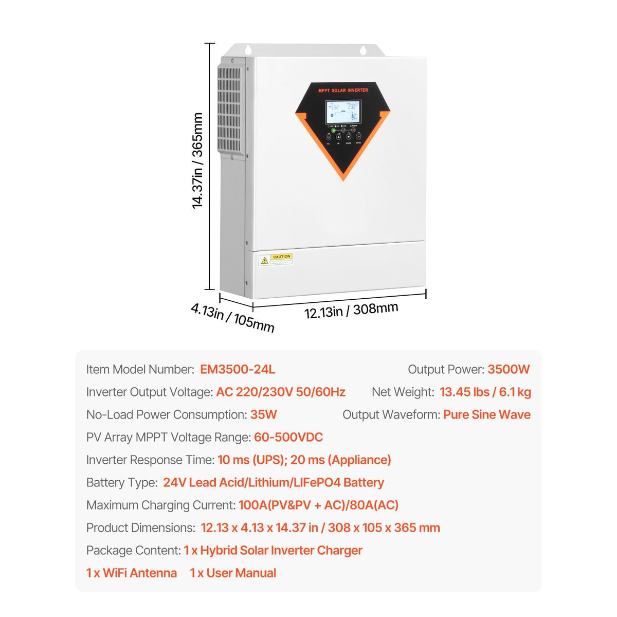 Hybrid Solar Inverter, 3500W, All in One Pure Sine Wave Power Inverter Charger, 24V DC to Single-Phase 220/230V AC, with Built-in 100A MPPT Solar Controller