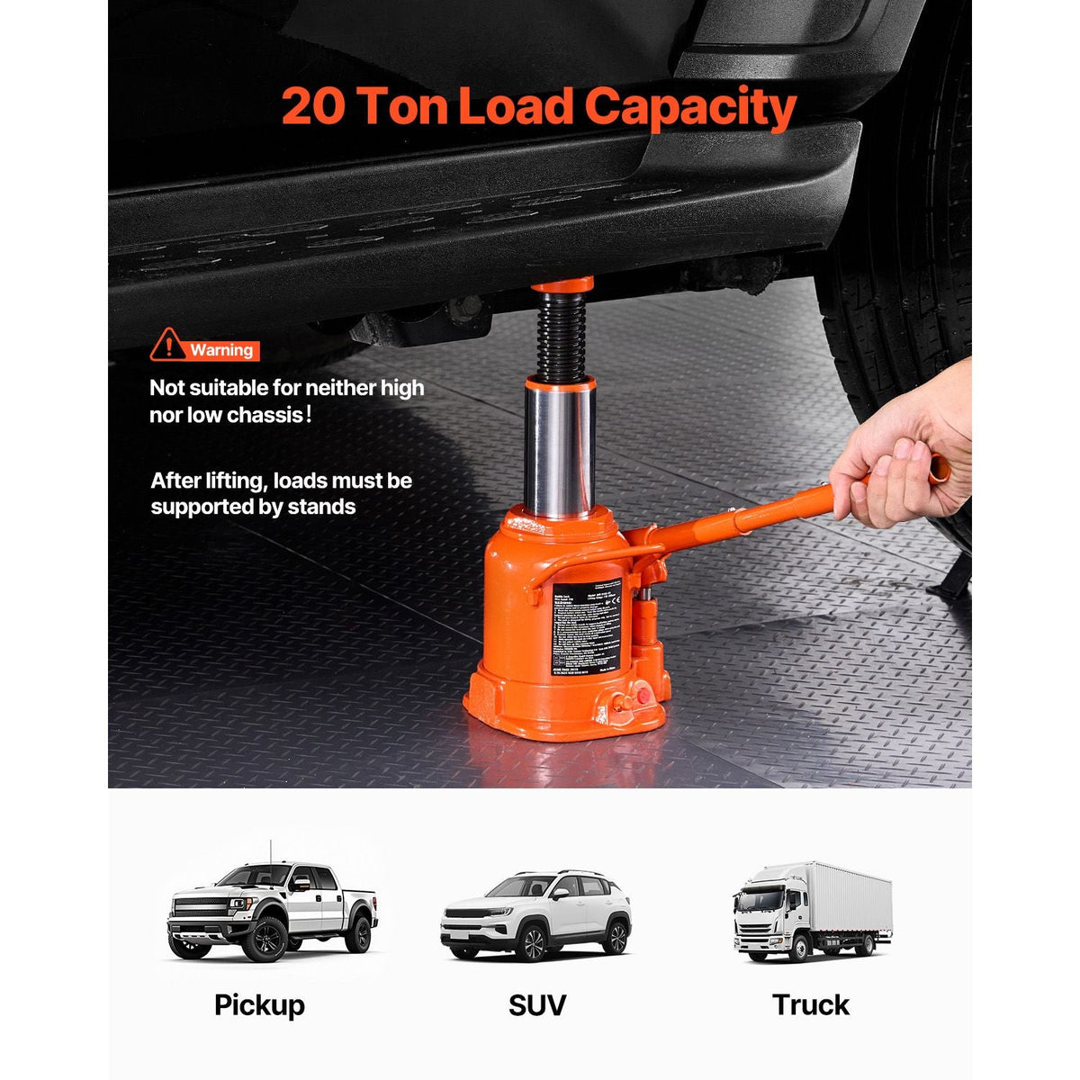Hydraulic Bottle Jack, 20 Ton/44092 lbs Welded Bottle Jack with 6.69''-12.6'' Lifting Range & 3-Section Long Handle, for Car, Pickup, Truck, RV, Auto Repair, Industrial Engineering