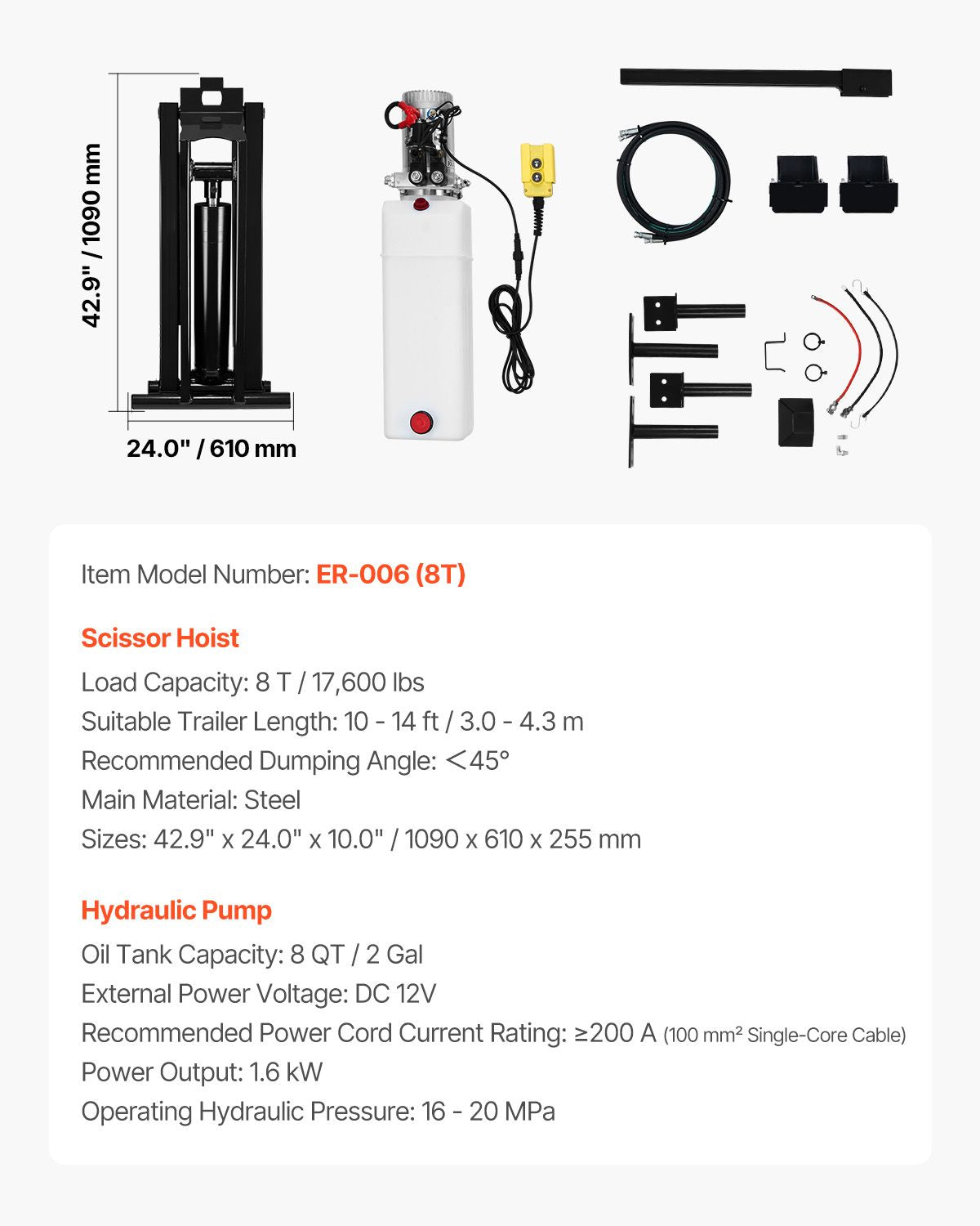 Hydraulic Dump Lift Kit, 17,600 lb/8 T Dump Trailer Hydraulic Scissor Hoist Kit Standard Kit, Hydraulic Dump Bed Kit with 12V Hydraulic Pump Unit Suitable for Scissor Lift Dump Trailers Trucks