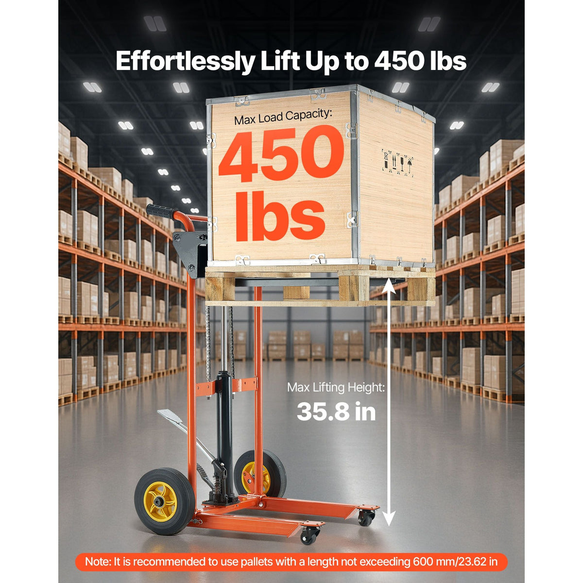 Hydraulic Material Lift Winch Stacker, 450 lbs Load Capacity, Pallet Truck Dolly with Fork Lift Table, 35.8 Inches Max Lifting Height, Foldable & Portable Pallet Jack Table Cart, Yellow & Black