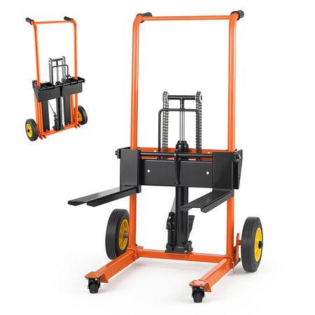 Hydraulic Material Lift Winch Stacker, 450 lbs Load Capacity, Pallet Truck Dolly with Fork Lift Table, 39.4 Inches Max Lifting Height, Foldable & Portable Pallet Jack Table Cart, Orange & Black