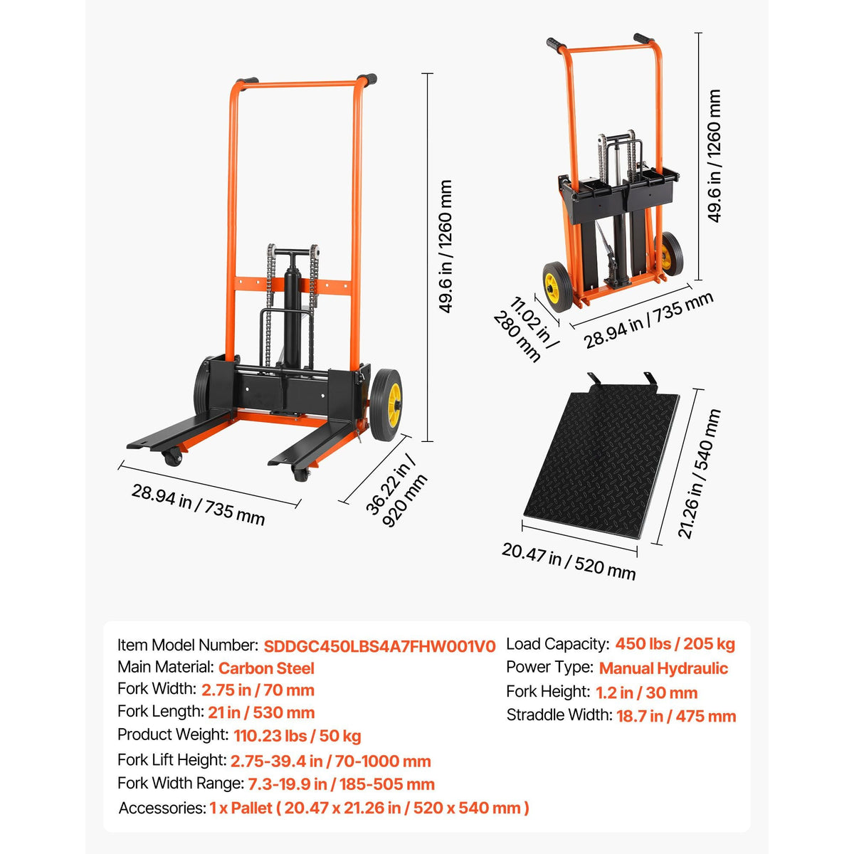 Hydraulic Material Lift Winch Stacker, 450 lbs Load Capacity, Pallet Truck Dolly with Fork Lift Table, 39.4 Inches Max Lifting Height, Foldable & Portable Pallet Jack Table Cart, Orange & Black