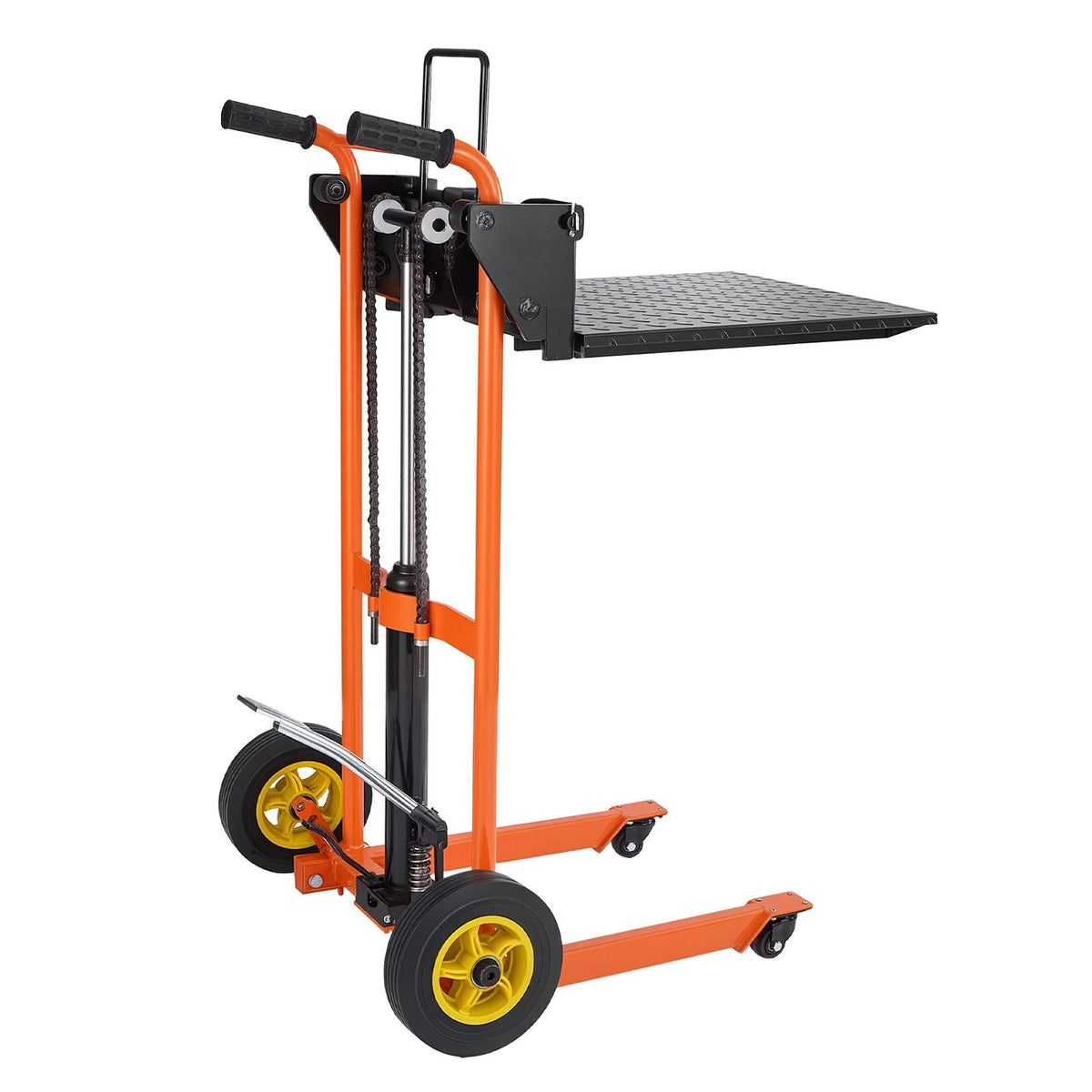 Hydraulic Material Lift Winch Stacker, 450 lbs Load Capacity, Pallet Truck Dolly with Fork Lift Table, 39.4 Inches Max Lifting Height, Foldable & Portable Pallet Jack Table Cart, Orange & Black