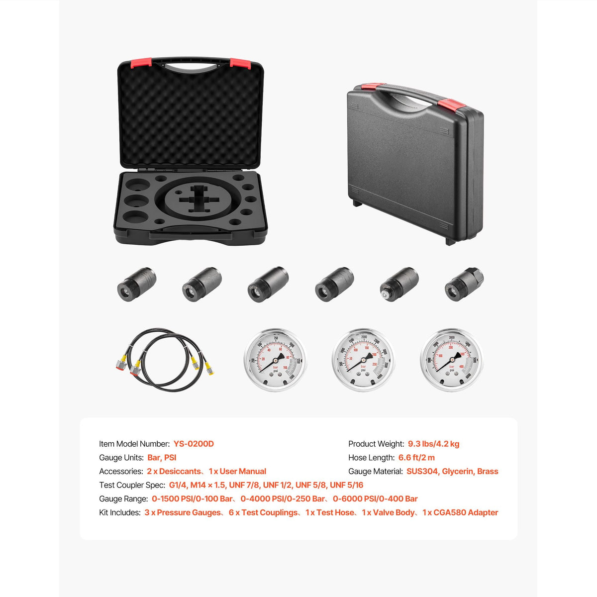 Hydraulic Nitrogen Accumulator Charging Kit, All-in-One Nitrogen Fill Kit, Pressure Test System with 3 Gauges (1500, 4000, 6000 PSI), 6 Adapters Couplings, 1 Gas Hose, 1 Valve, 1 CGA580 Adapter