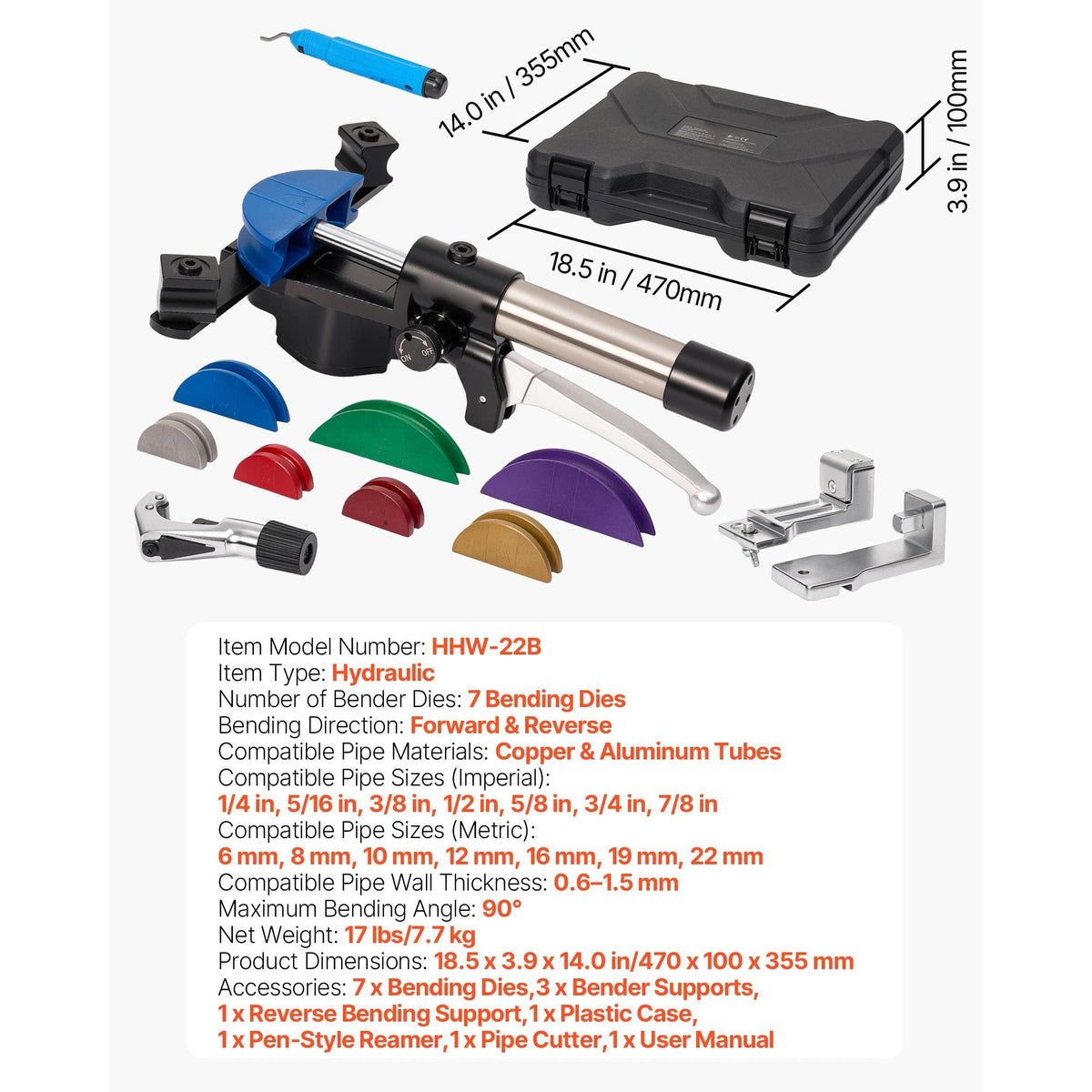 Hydraulic Tubing Bender Kit, 1/4 to 7/8 Inch, Copper Tube Pipe Bender, Forward/Reverse HVAC Bending Tool, with 7 Color Aluminium Alloy Dies, for HVAC Air Conditioning Refrigeration Auto Repair