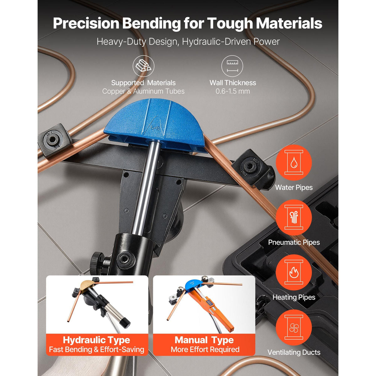 Hydraulic Tubing Bender Kit, 1/4 to 7/8 Inch, Copper Tube Pipe Bender, HVAC Bending Tool Set, 90° Bend, with 7 Color Aluminium Alloy Dies, for HVAC Air Conditioning Refrigeration Auto Repair