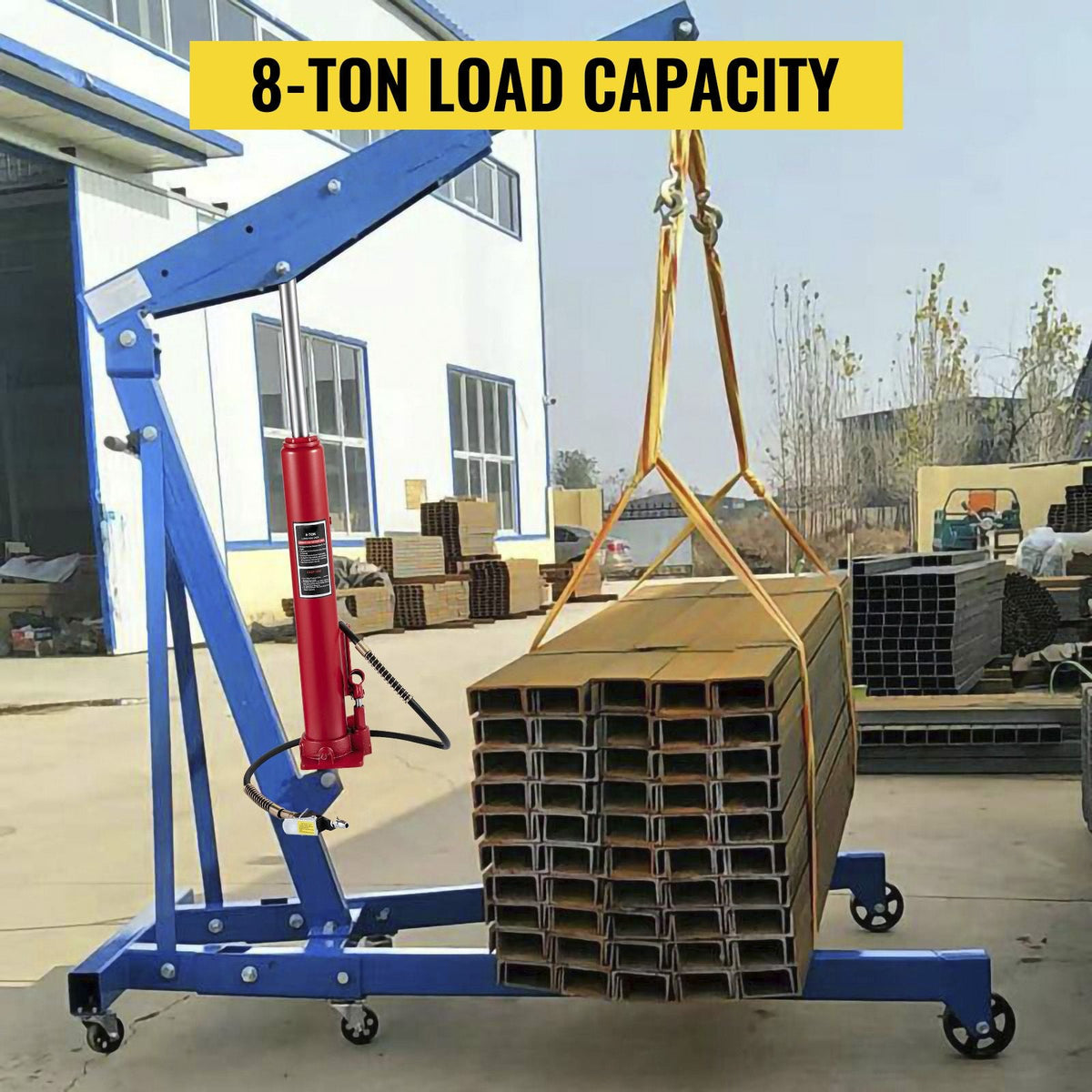 Hydraulic/Pneumatic Long Ram Jack, 8 Tons/17363 lbs Capacity, with Single Piston Pump and Clevis Base, Manual Cherry Picker with Handle, for Garage/Shop Cranes, Engine Lift Hoist, Red