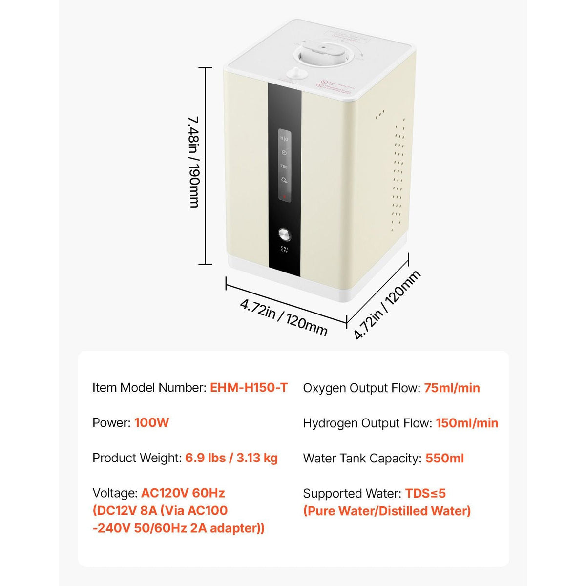 Hydrogen Inhalation Machine, 99.99% High Purity Hydrogen Inhaler, HO-Separated 225ml/min (150 H+75 O) Dual Port Hydrogen Oxygen Inhaler, Hydrogen-Rich Water Generator for Home Travel