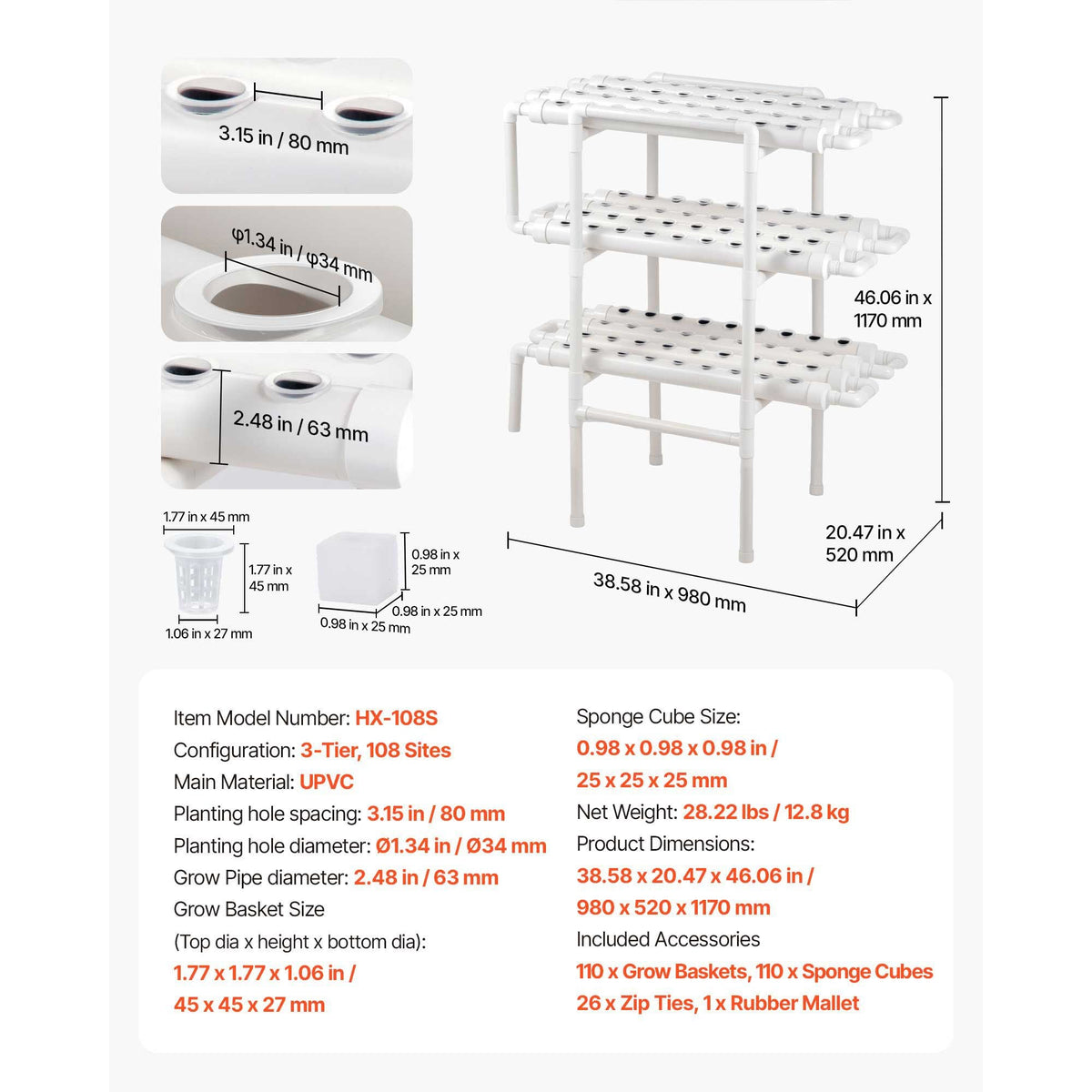 Hydroponics Growing System Kit, 3-Tier 108 Sites UPVC Pipe Hydroponic Grow Kit with Timed Irrigation, Sun & Light Blocking Pipes, Indoor Home Garden Vegetable Planting Grow Kits for Fruit Herb