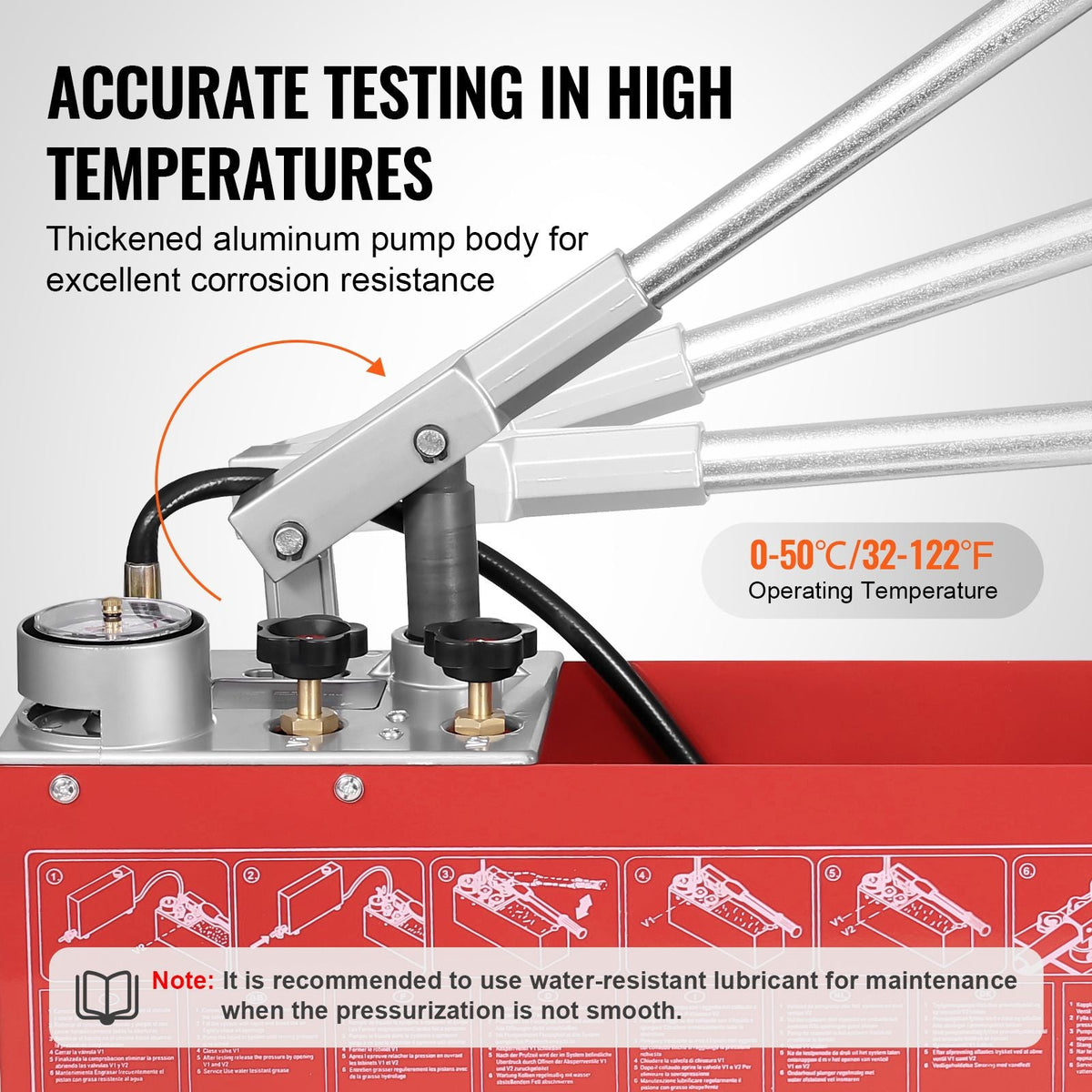 Hydrostatic Test Pump, Max 25 bar/362 PSI, Dual Valve Hydraulic Manual Water Pressure Tester Kit with Gauge 2.8 Gal Water Tank, 4.6 ft Hose with 1/2 inch External Thread Connector for Pipeline