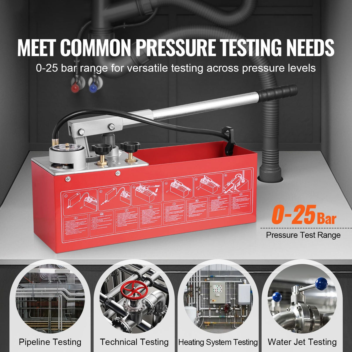 Hydrostatic Test Pump, Max 25 bar/362 PSI, Dual Valve Hydraulic Manual Water Pressure Tester Kit with Gauge 2.8 Gal Water Tank, 4.6 ft Hose with 1/2 inch External Thread Connector for Pipeline