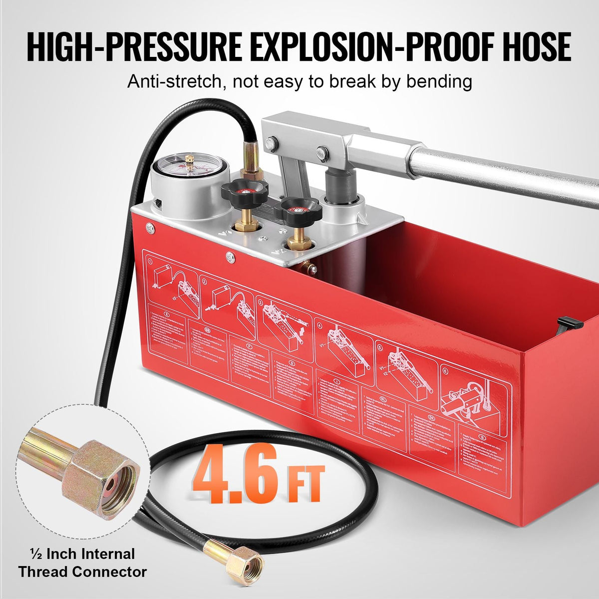 Hydrostatic Test Pump, Max 25 bar/362 PSI, Dual Valve Hydraulic Manual Water Pressure Tester Kit with Gauge 2.8 Gal Water Tank, 4.6 ft Hose with 1/2 inch External Thread Connector for Pipeline