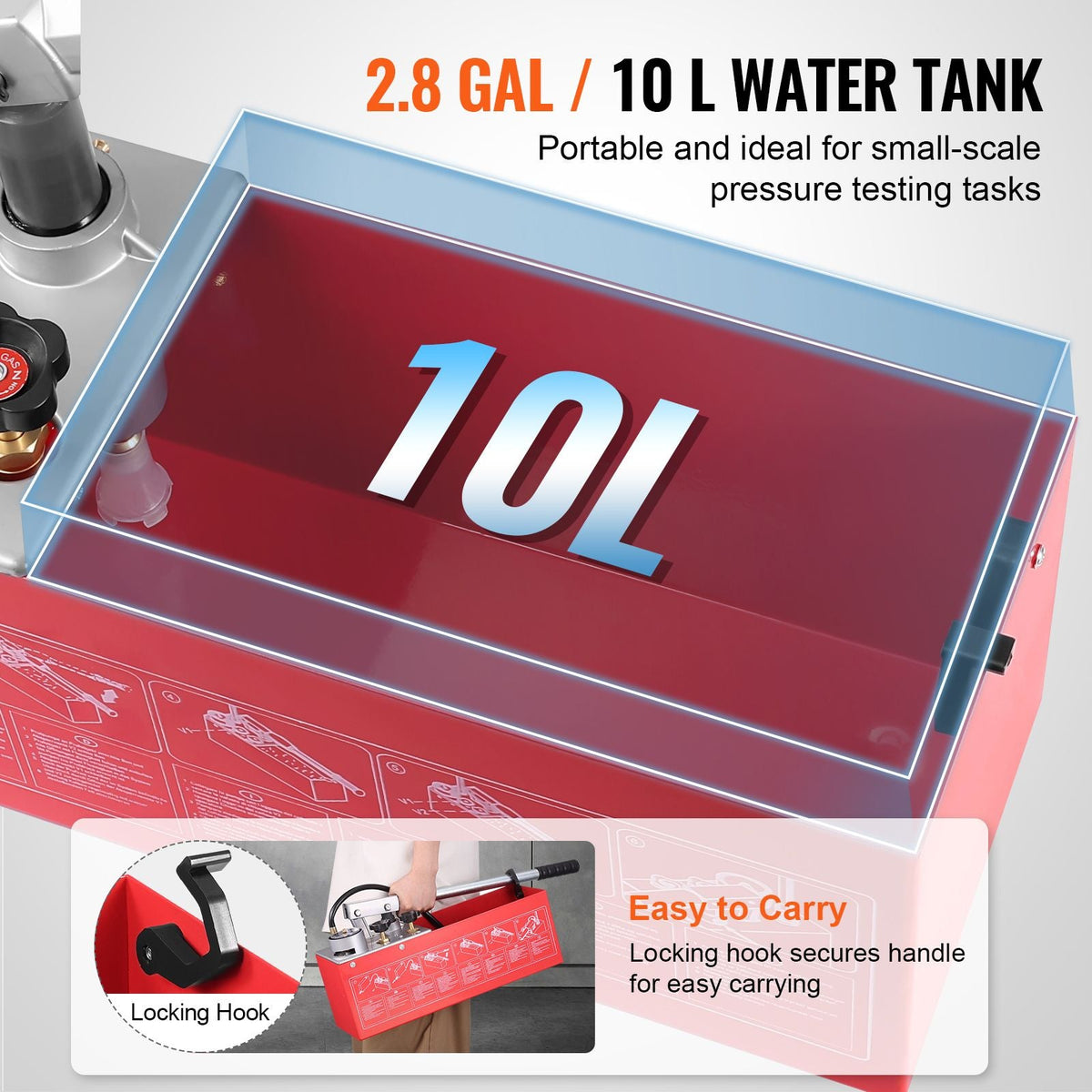 Hydrostatic Test Pump, Max 25 bar/362 PSI, Dual Valve Hydraulic Manual Water Pressure Tester Kit with Gauge 2.8 Gal Water Tank, 4.6 ft Hose with 1/2 inch External Thread Connector for Pipeline