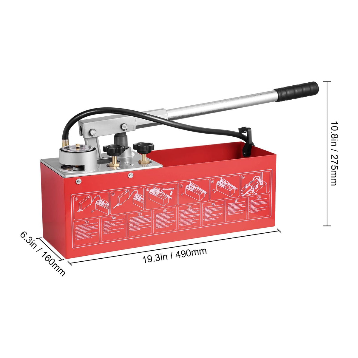 Hydrostatic Test Pump, Max 25 bar/362 PSI, Dual Valve Hydraulic Manual Water Pressure Tester Kit with Gauge 2.8 Gal Water Tank, 4.6 ft Hose with 1/2 inch External Thread Connector for Pipeline
