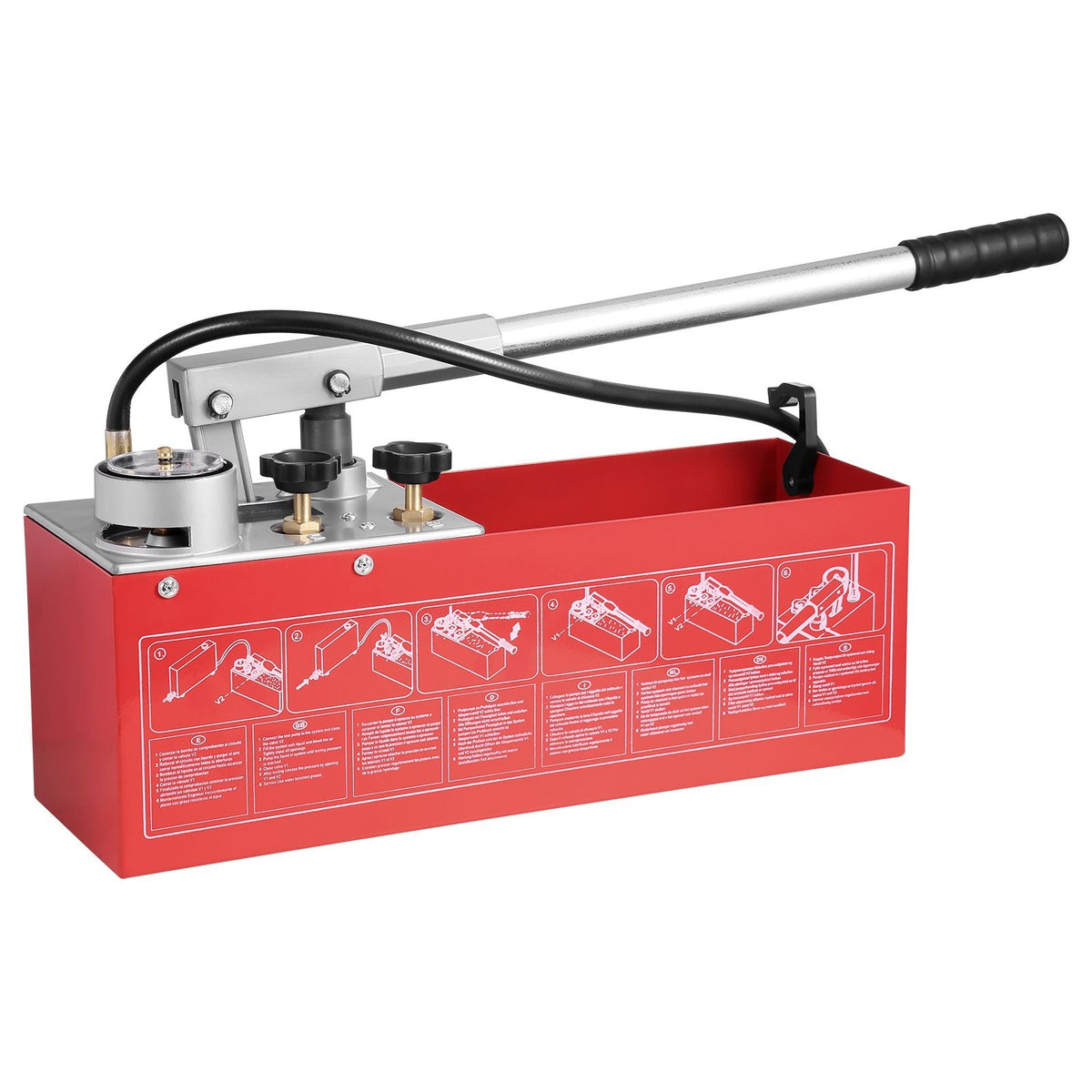 Hydrostatic Test Pump, Max 25 bar/362 PSI, Dual Valve Hydraulic Manual Water Pressure Tester Kit with Gauge 2.8 Gal Water Tank, 4.6 ft Hose with 1/2 inch External Thread Connector for Pipeline