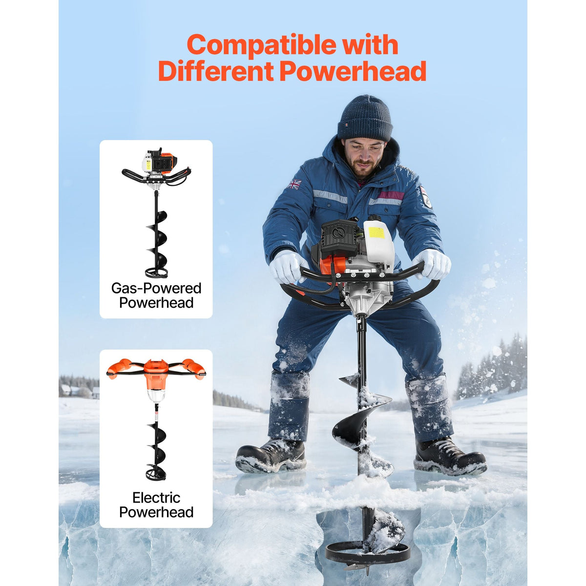 Ice Auger Drill Bit, 8" Dia. High-Strength Steel Ice Fishing Augers, Weather-Resistant Spiral Drill Bits Replacement with Center Tip, Compatible with Electric/ Gas Powered Augers