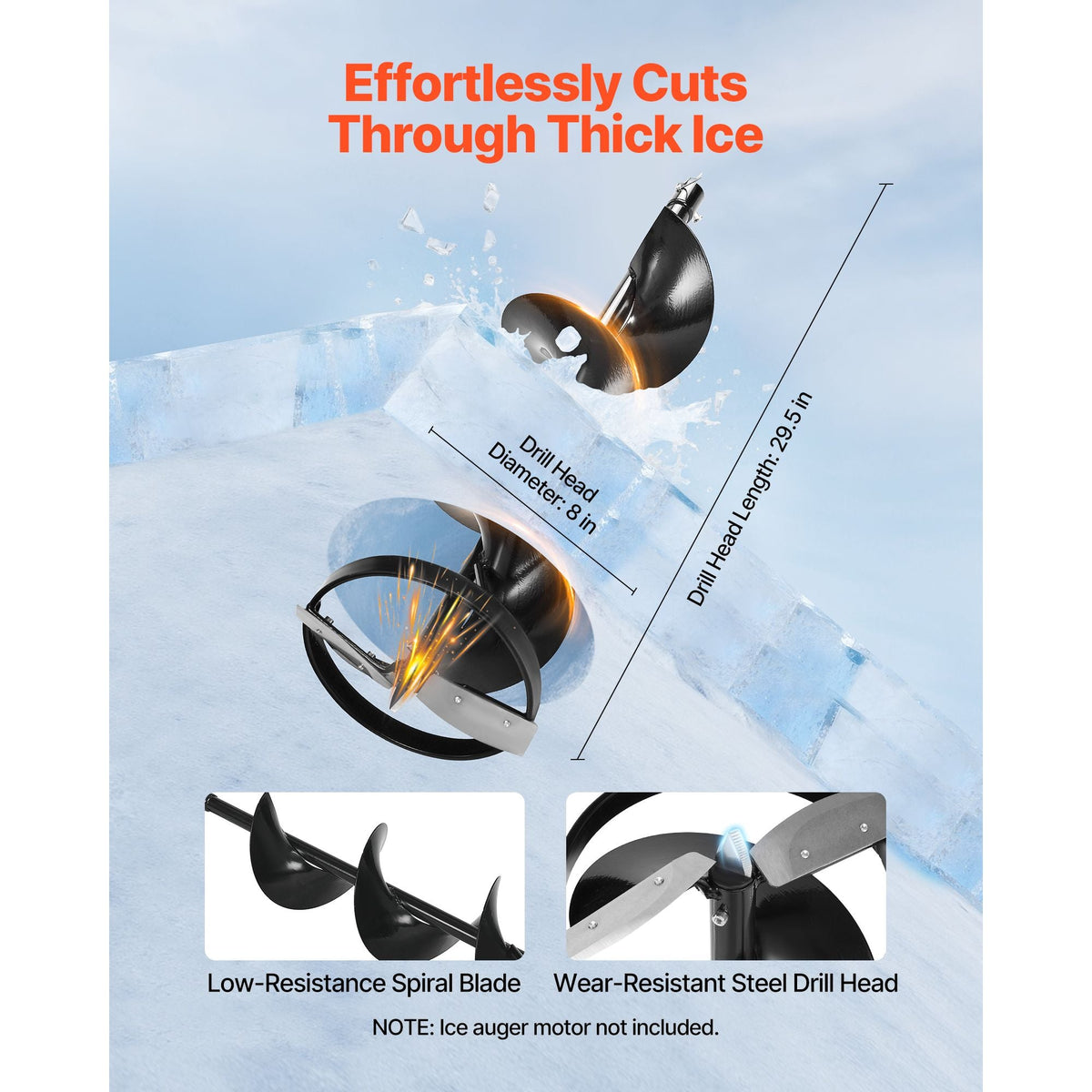 Ice Auger Drill Bit, 8" Dia. High-Strength Steel Ice Fishing Augers, Weather-Resistant Spiral Drill Bits Replacement with Center Tip, Compatible with Electric/ Gas Powered Augers