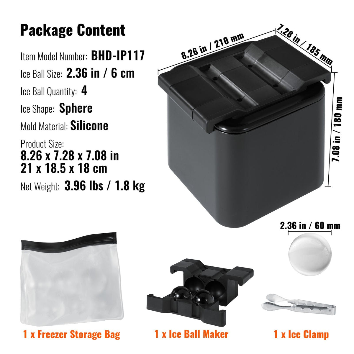 Ice Ball Maker, Crystal Clear Ice Ball Maker 2.36inch Ice Sphere with Storage Bag and Ice Clamp, Round Clear Ice Cube 4-Cavity Ice Press Maker Whiskey Scotch Cocktail Brandy Bourbon